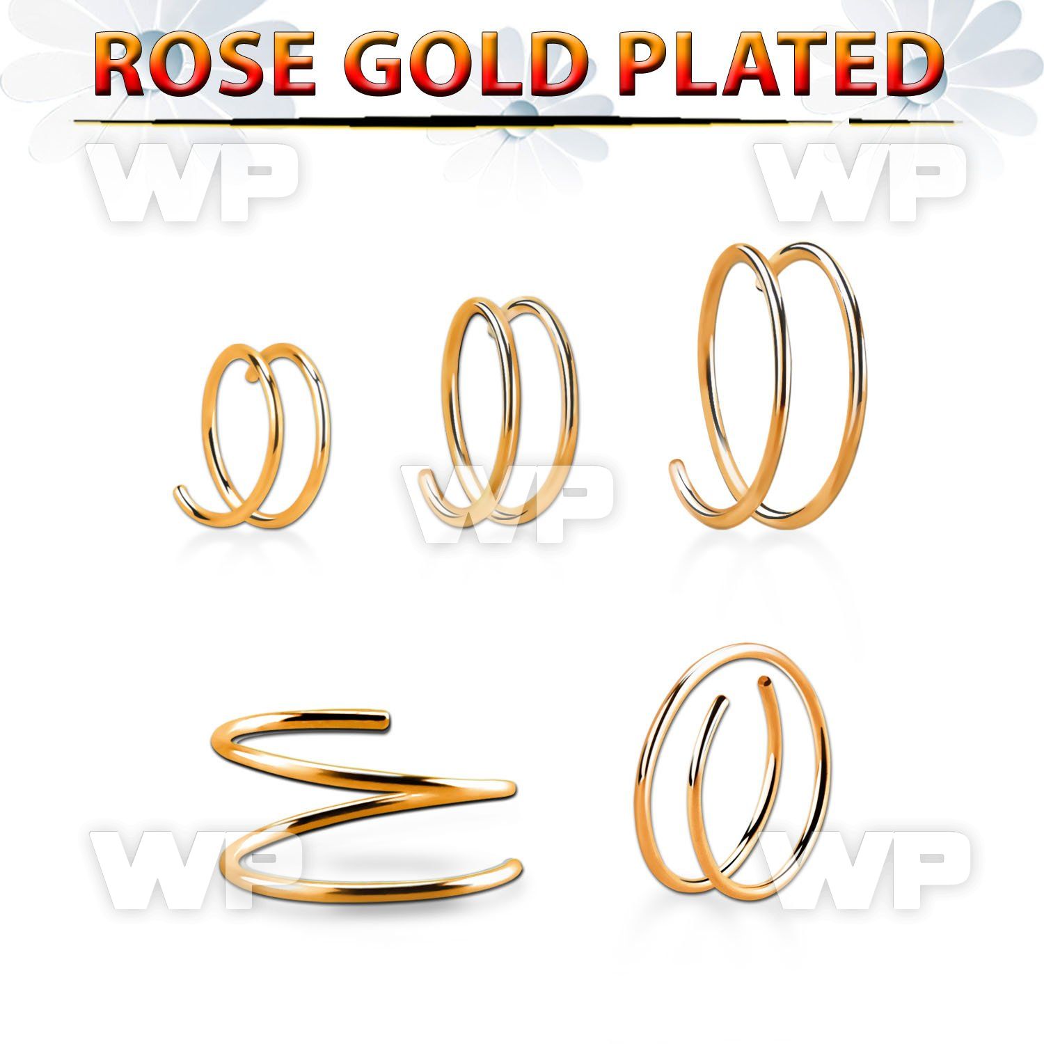rsspr22 silver spiral nose ring, 22g w 18k rose gold plating