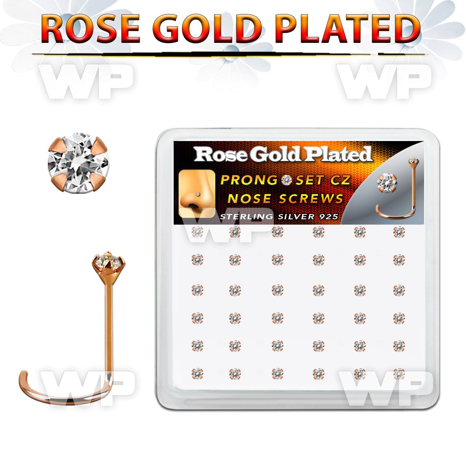 rswz2xc box w rose gold plated silver nose screws w set 2mm cz