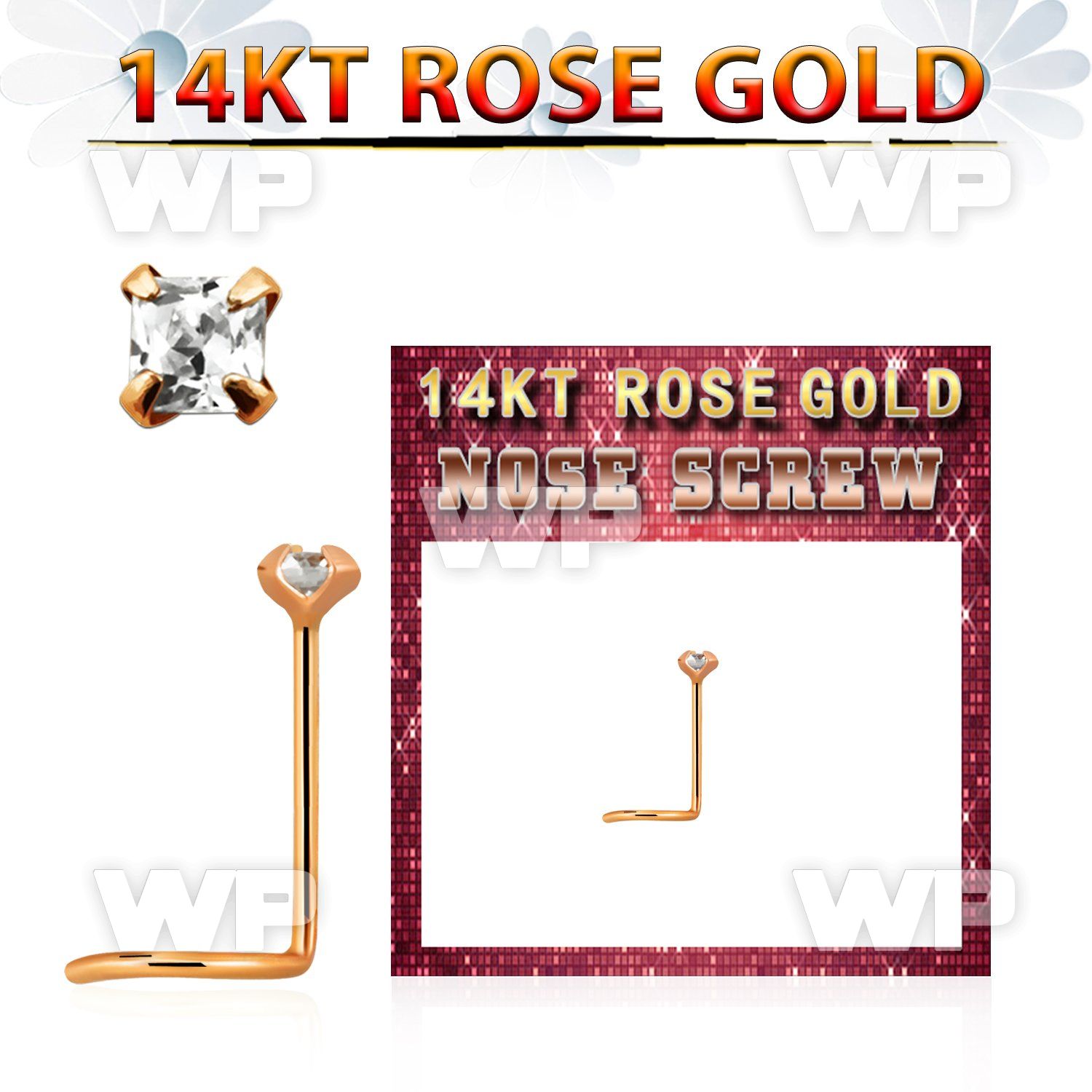 rszqc1 14kt rose gold nose screw w a 2mm square prong set cz