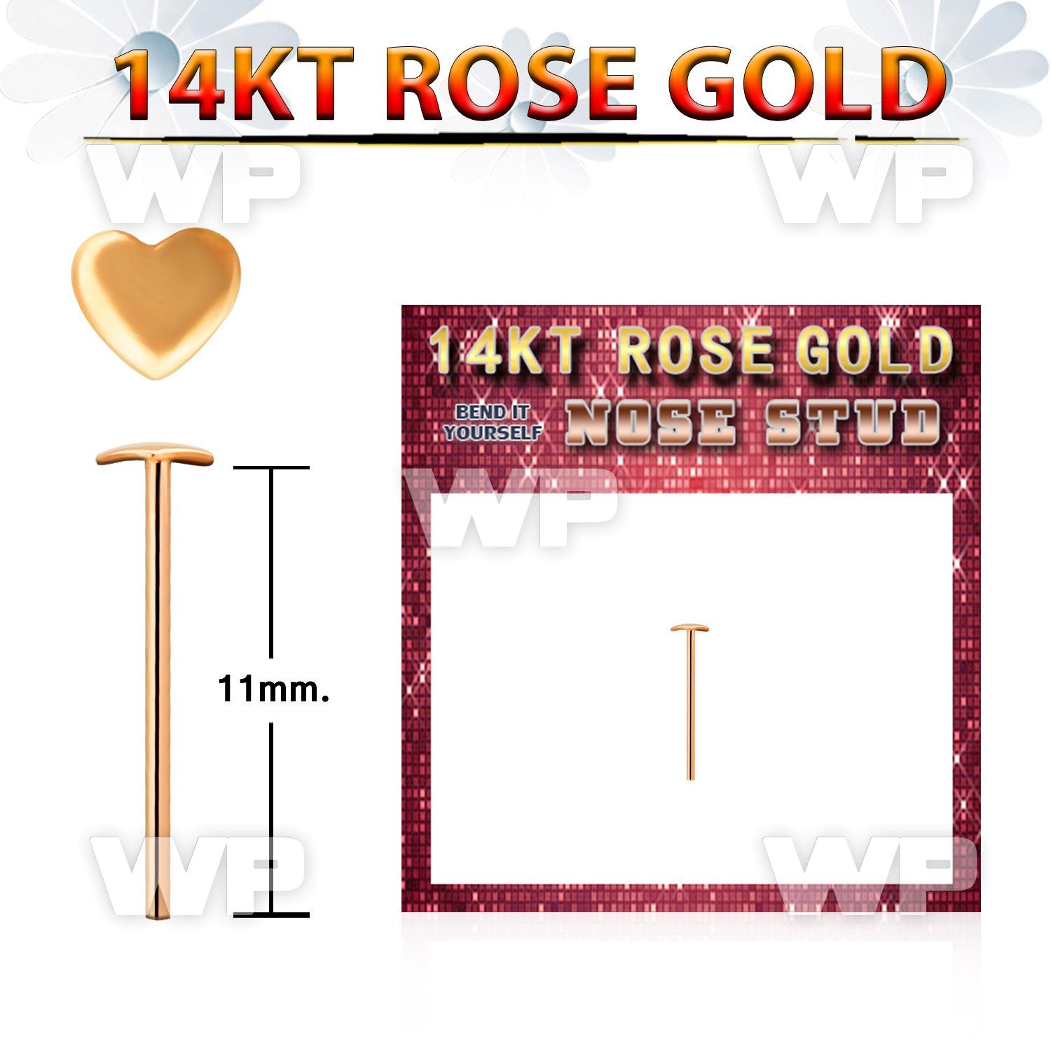 rysht 14kt rose gold bend it nose stud 2.5mm heart shaped top