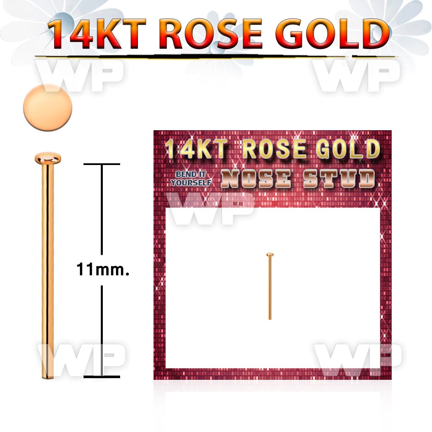 rysrd1 14kt rose gold bend it nose stud, 22g 1mm flat top
