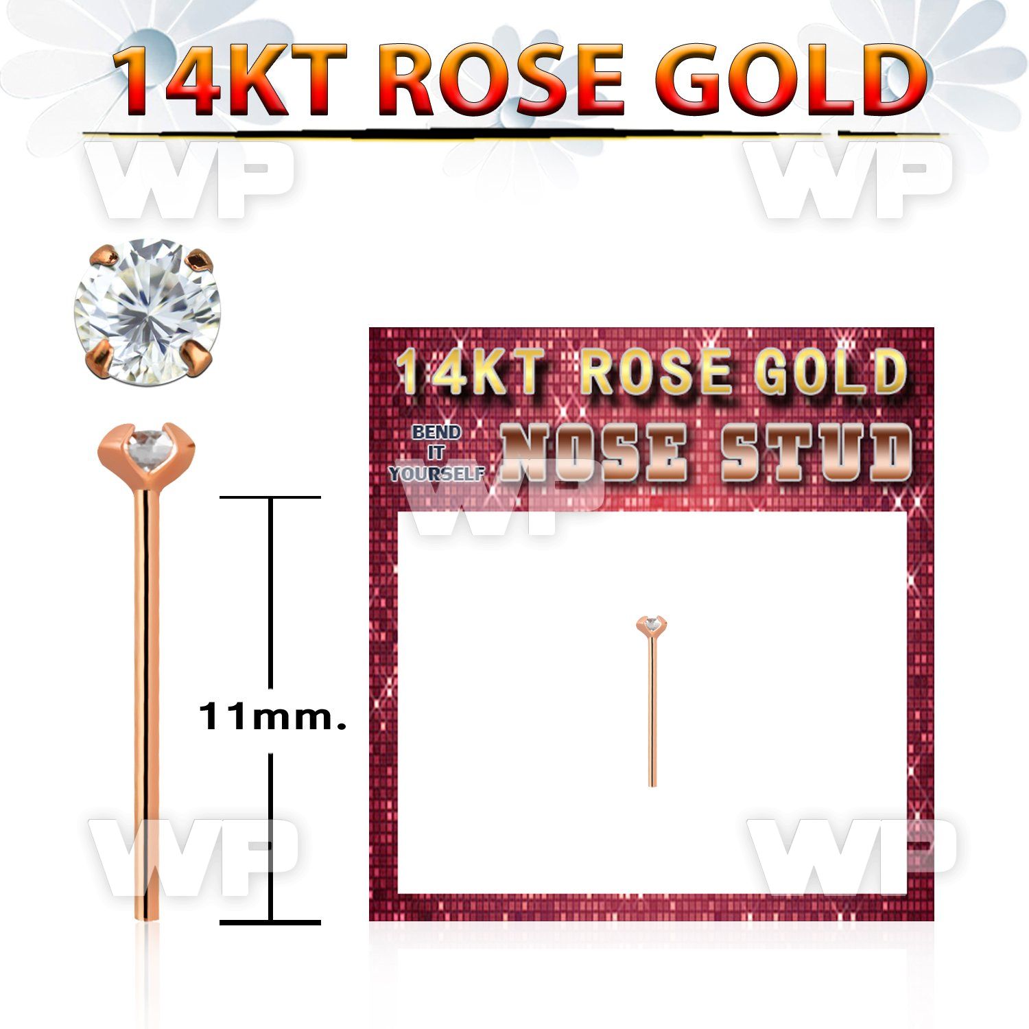 ryzc1 14kt rose gold bend it nose stud w a 2mm round cz