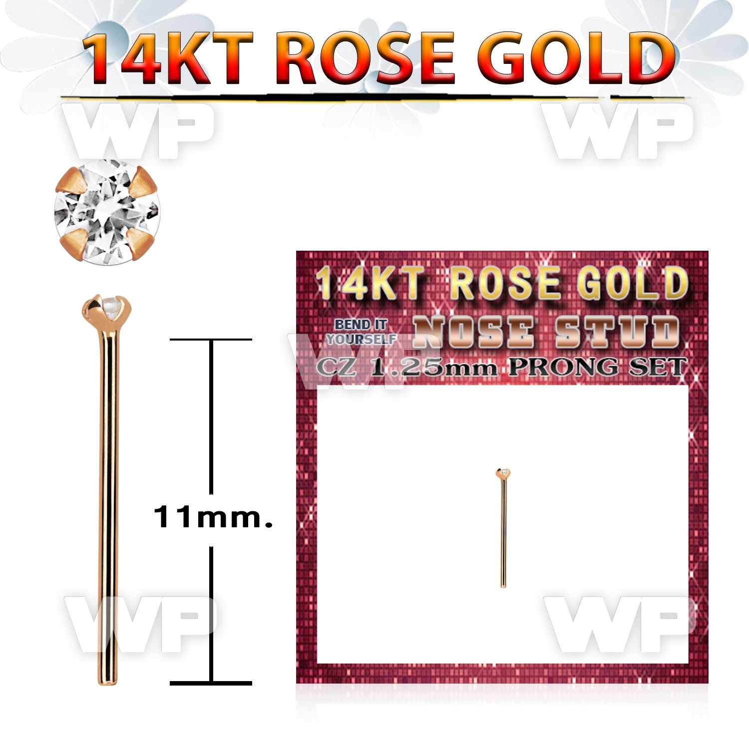 ryzm12 14kt rose gold bend it yourself nose stud 1.2mm clear cz