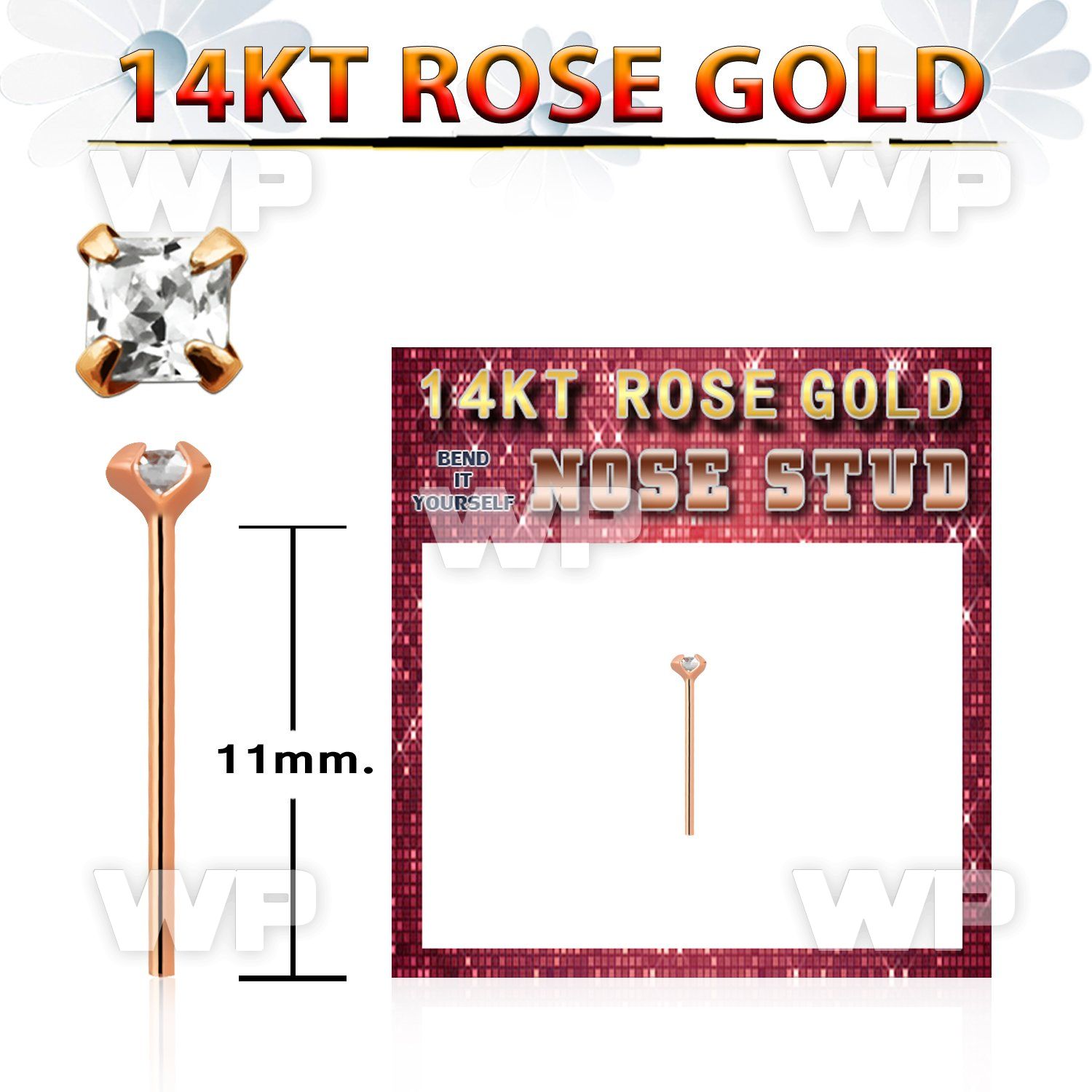 ryzqc1 14kt rose gold bend it nose stud w a 2mm square cz
