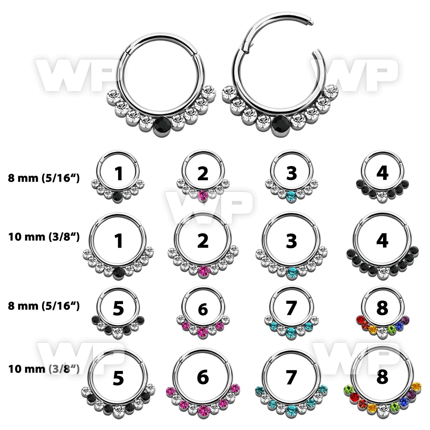 segh16px 316l steel hinged segment ring w 7 mixed color crystals