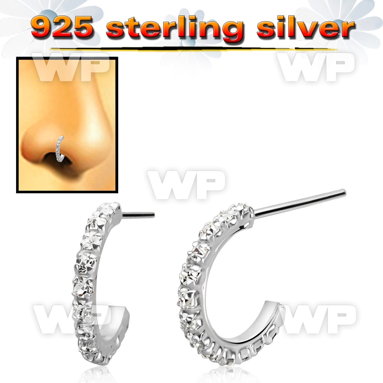 silver bend it nose stud w clear crystal curved top
