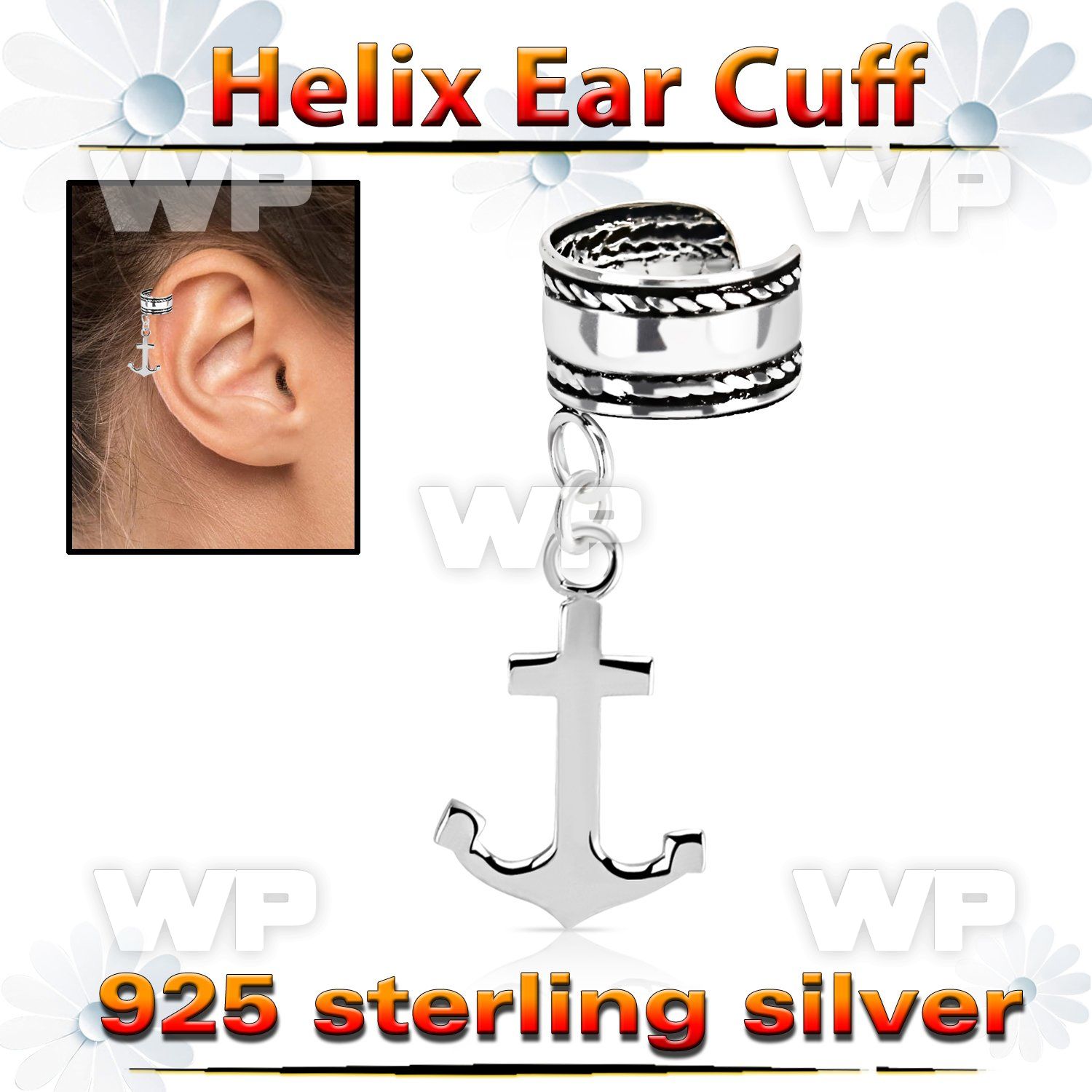 silver helix ear cuff w a rope edge w a anchor dangling