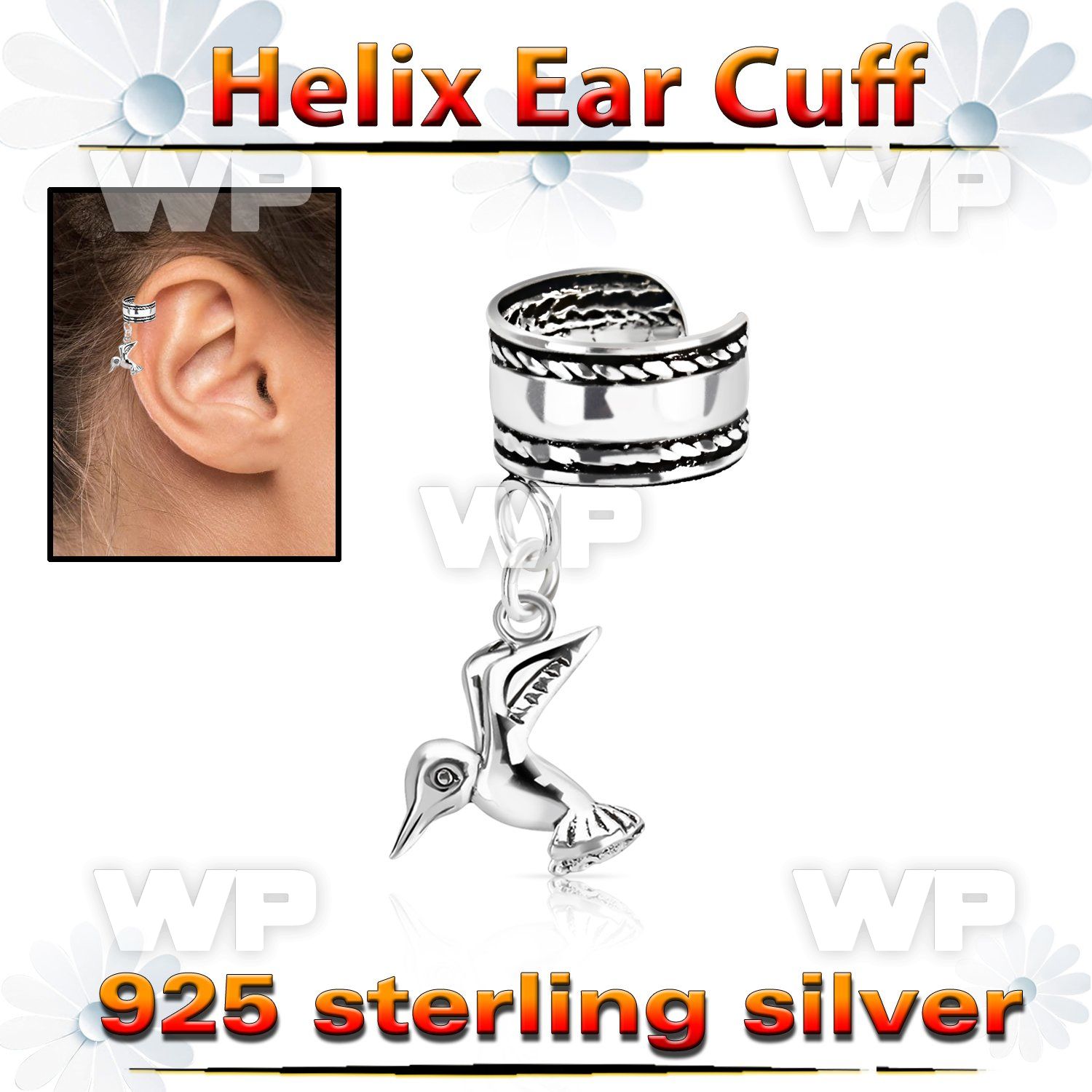 silver helix ear cuff w a rope edge w a bird dangling