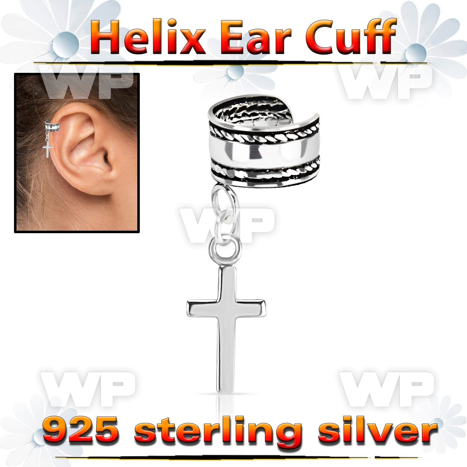 silver helix ear cuff w a rope edge w a cross dangling 