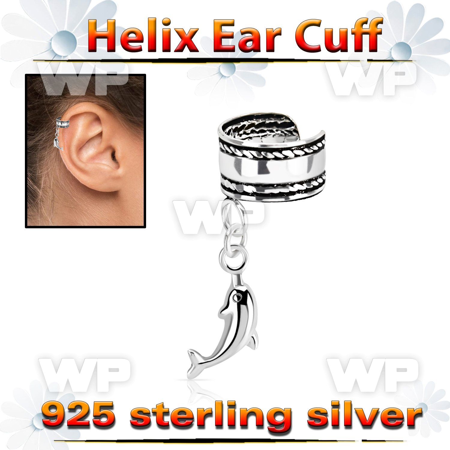 silver helix ear cuff w a rope edge w a dolphin dangling 