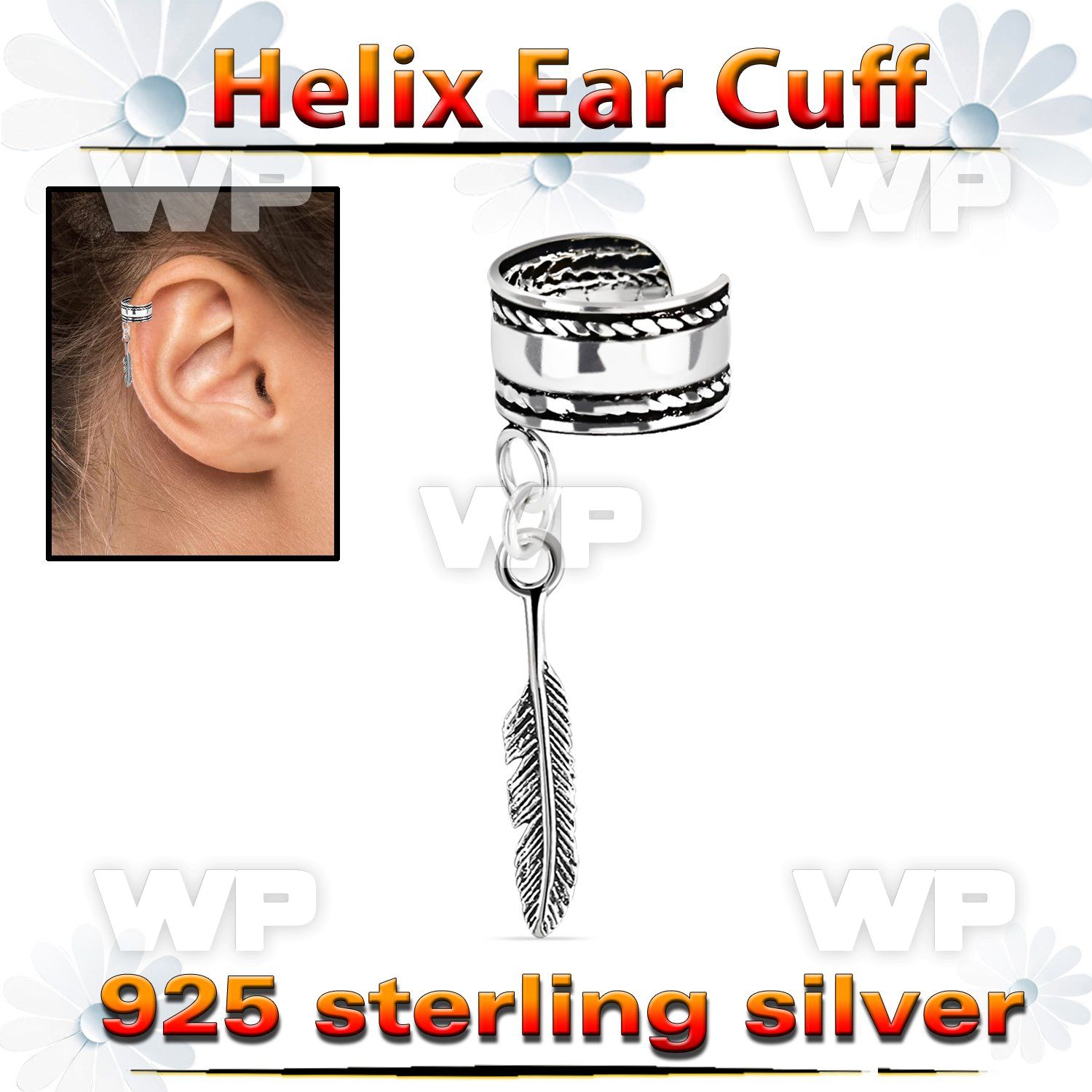 silver helix ear cuff w a rope edge w a feather dangling 