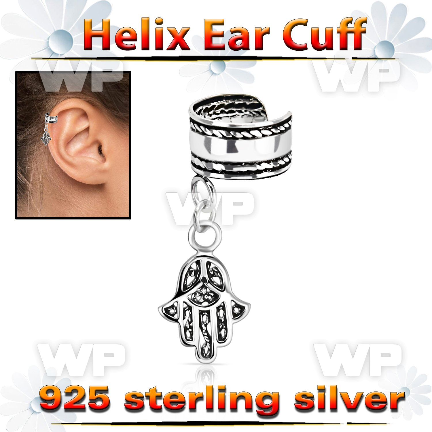 silver helix ear cuff w a rope edge w a hamsa dangling