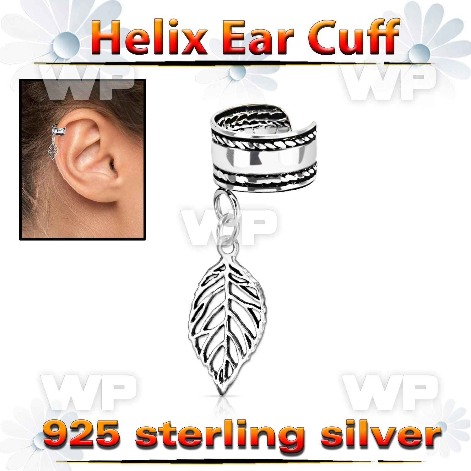 silver helix ear cuff w a rope edge w a leaf dangling 