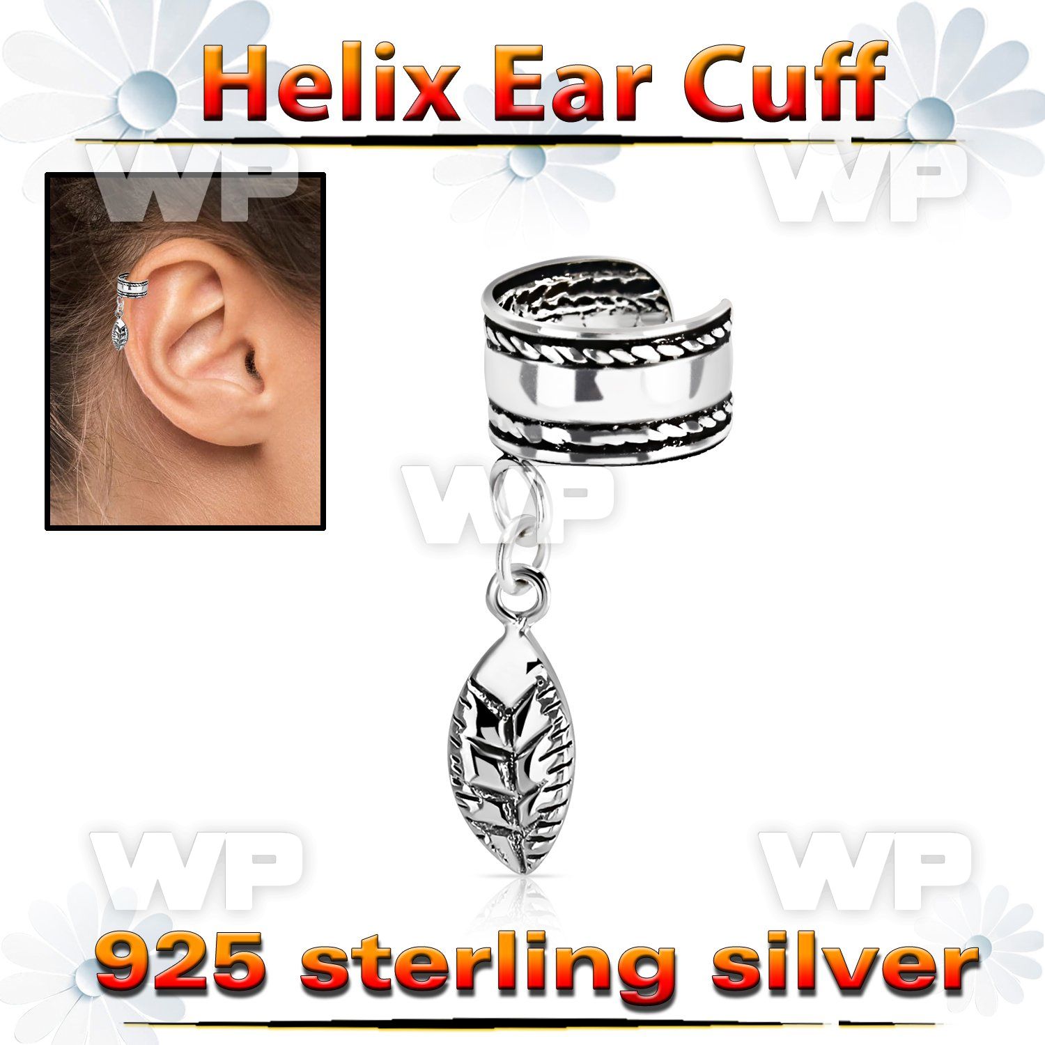 silver helix ear cuff w a rope edge w a leaf dangling