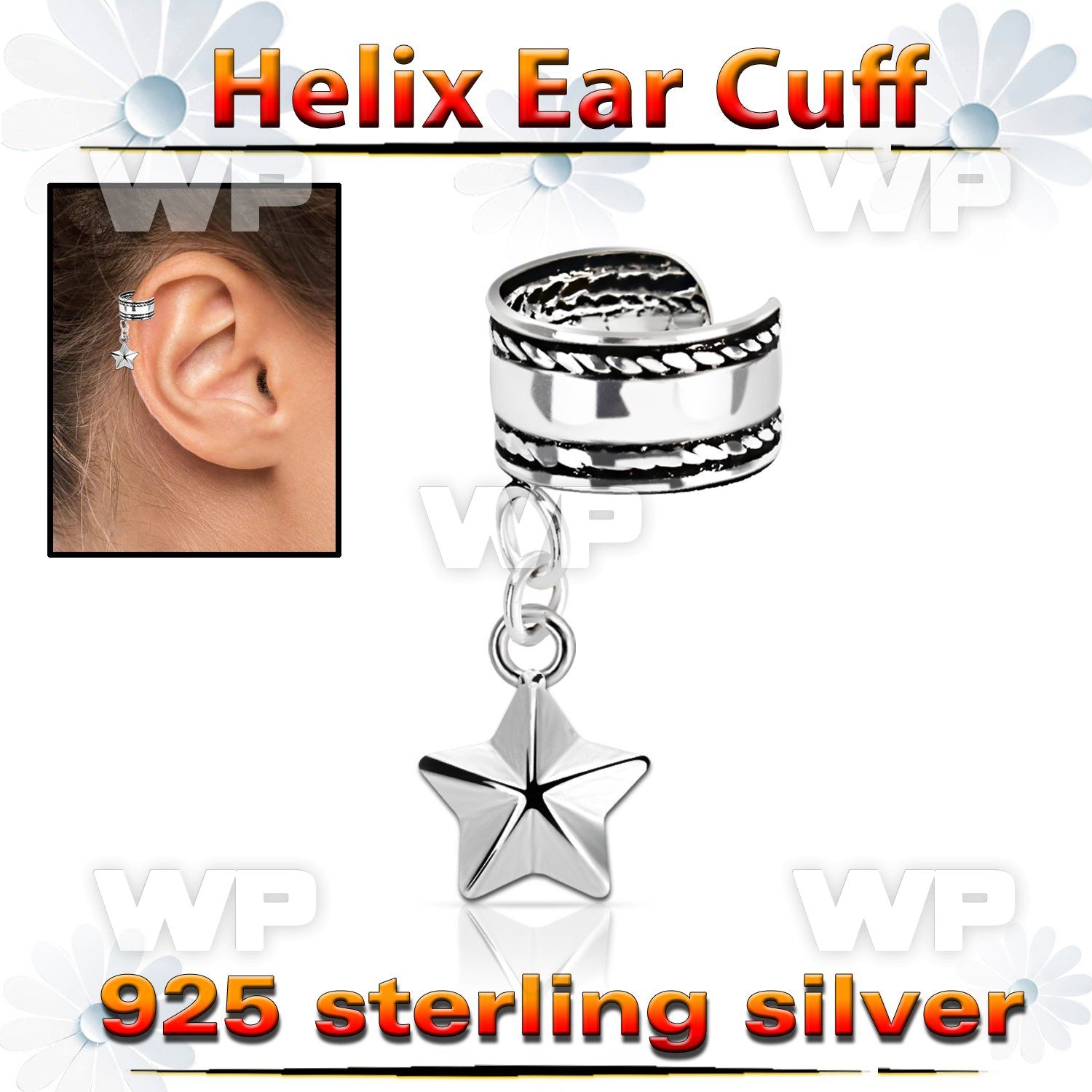 silver helix ear cuff w a rope edge w a star dangling 