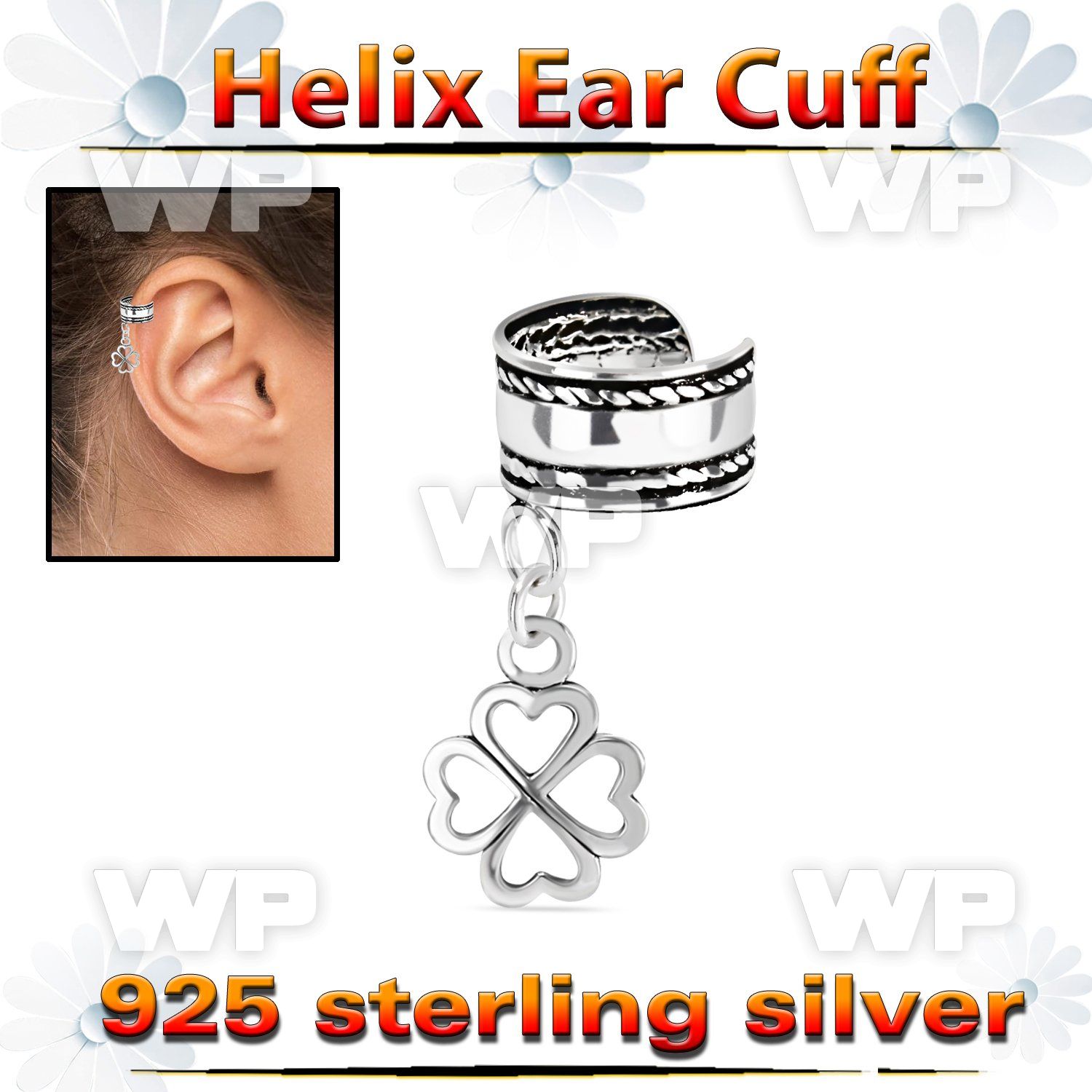 silver helix ear cuff w a rope edge w shamrock dangling  