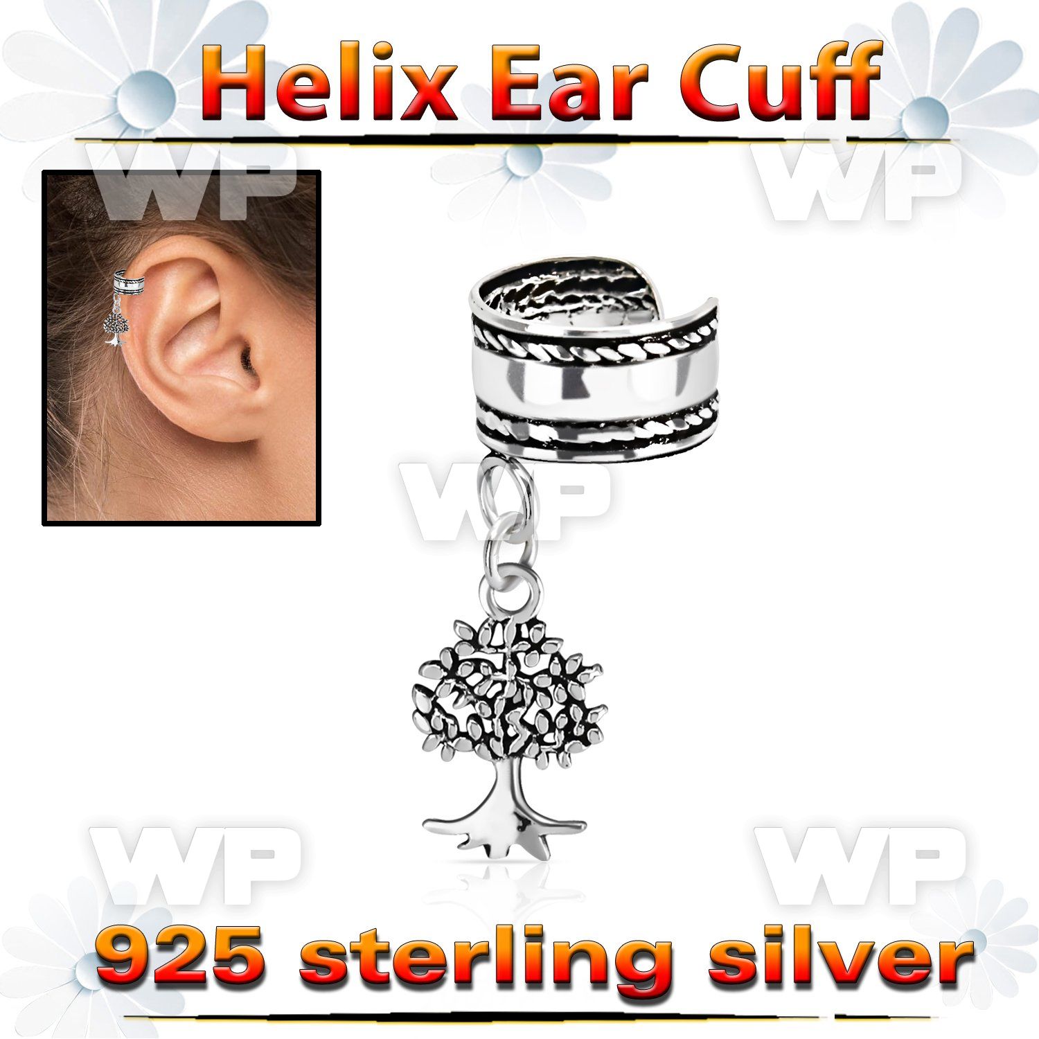 silver helix ear cuff w rope edge tree of life dangling 
