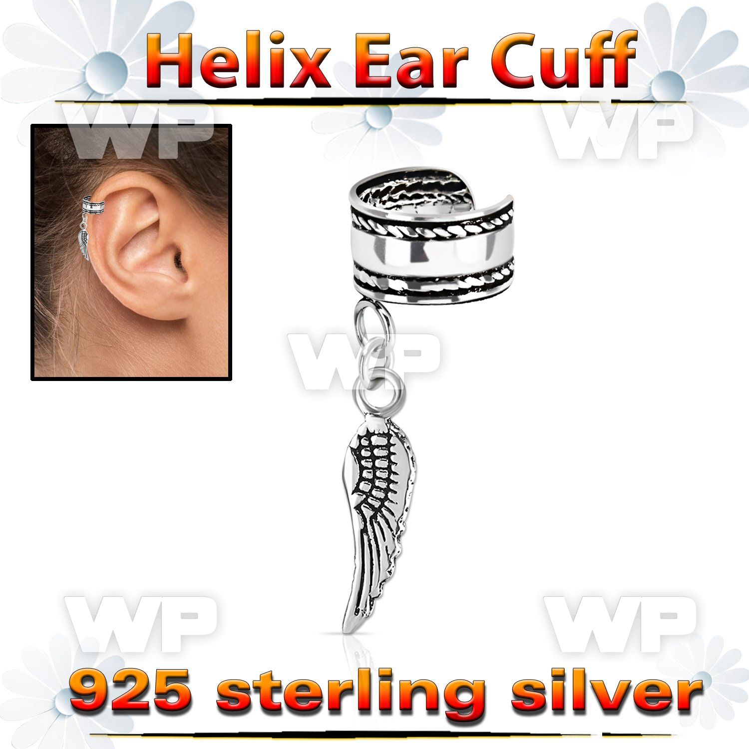 silver helix ear cuff w rope edge w bird wing dangling