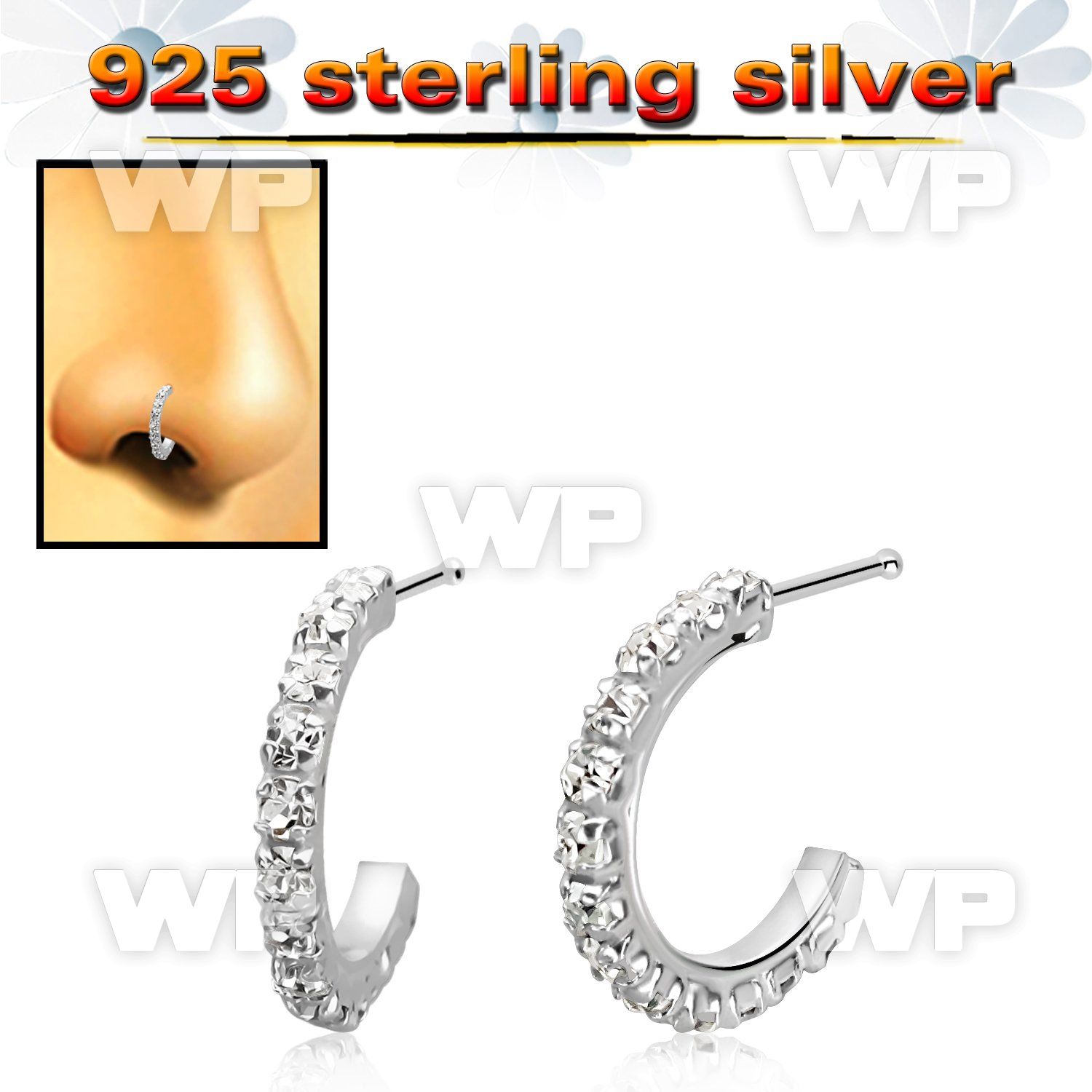 silver nose bone w clear crystal curved top