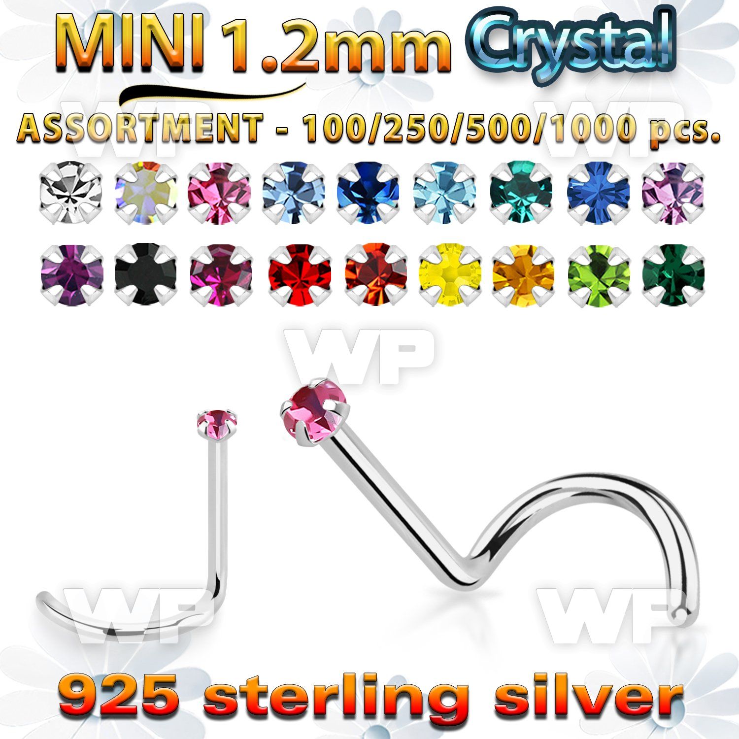 silver nose screw bulk w mini 1.2mm prong set crystals
