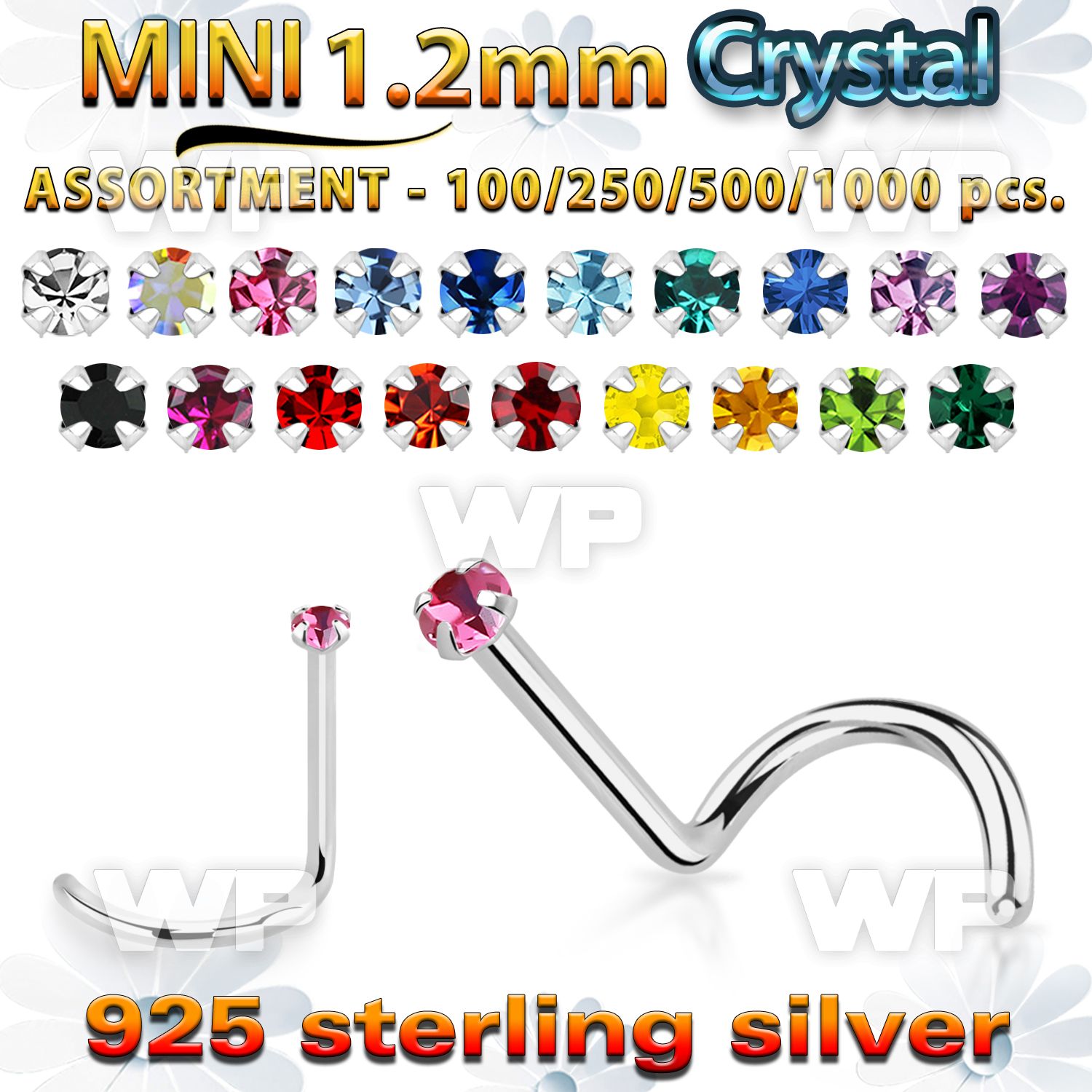 silver nose screw bulk w mini 1.2mm prong set crystals