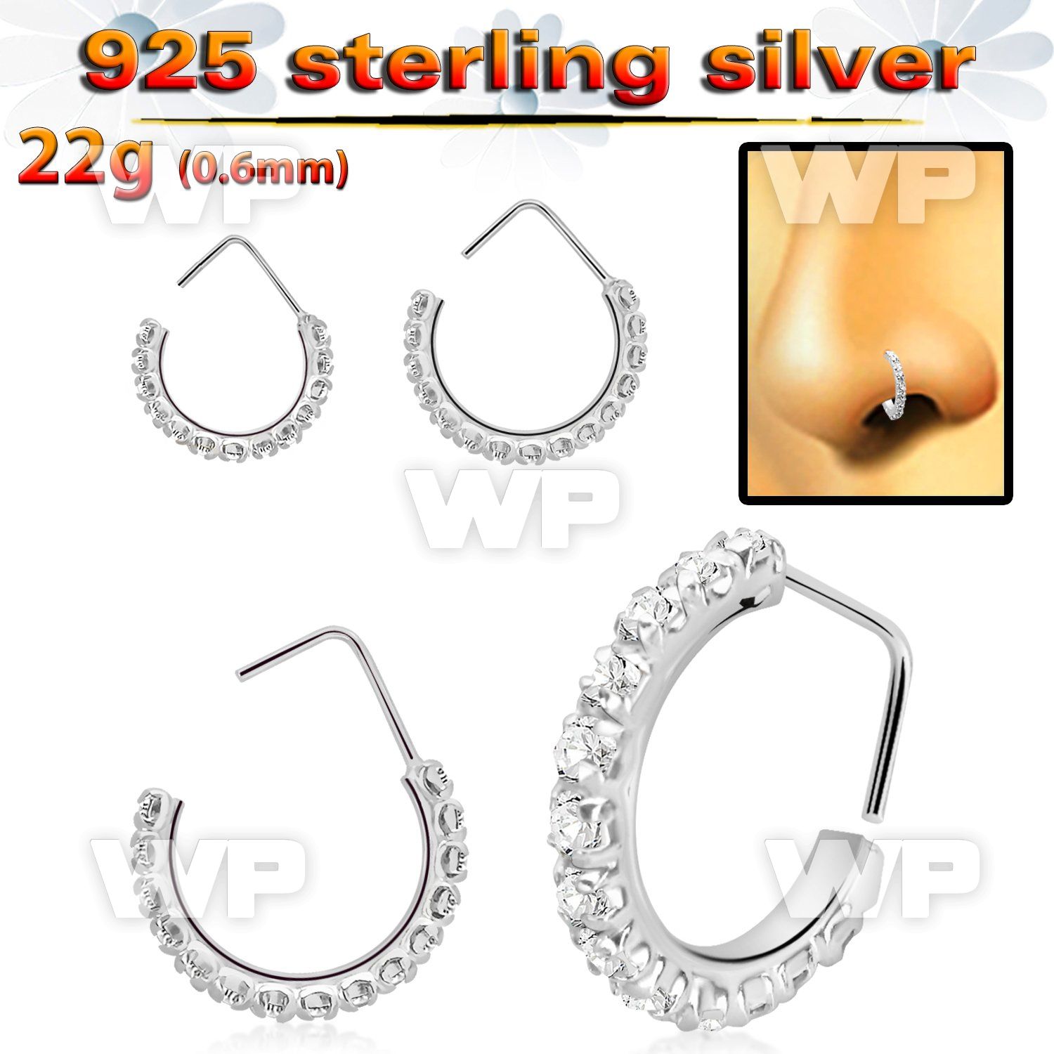 silver nose stud w clear crystal curved top