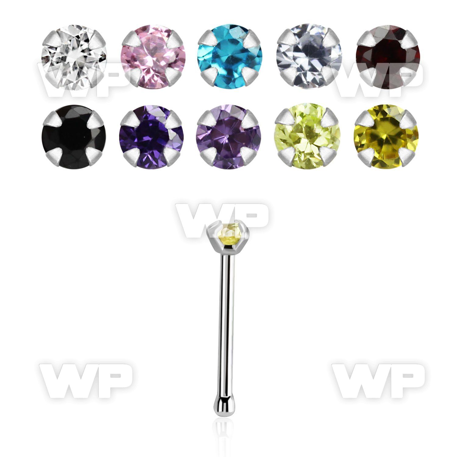 snbzr2 surgical steel nose bone, 20g w prong set 2mm round cz