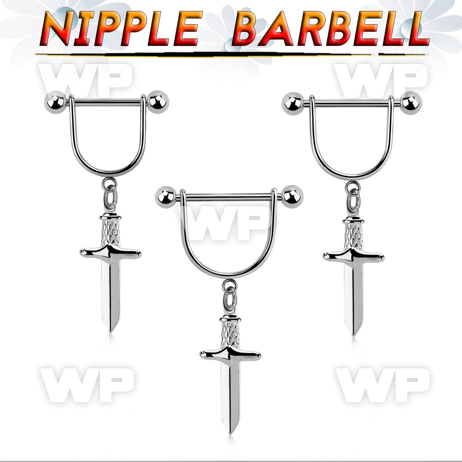 snpod26 steel nipple stirrup 14g  w 5mm balls & dangling dagger