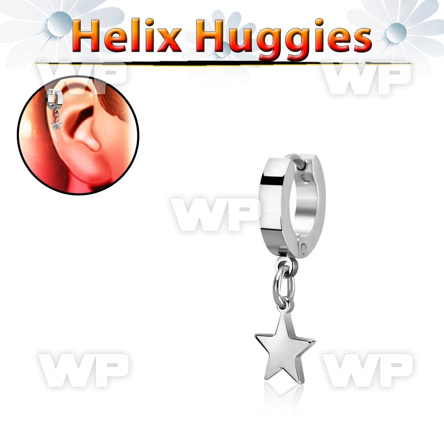 stainless steel huggie w a dangling plain steel star