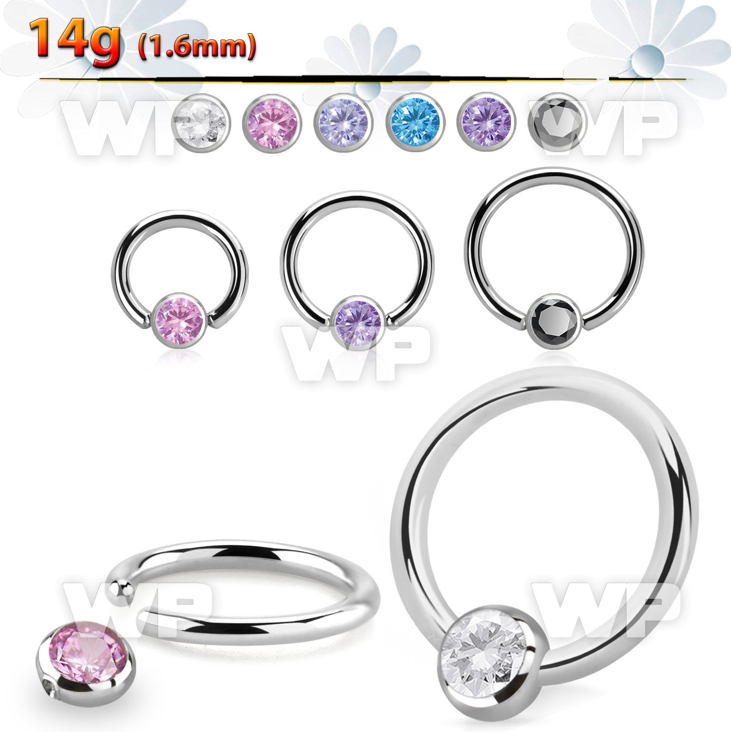steel ball closure ring, 14g w 4mm bezel cz closure