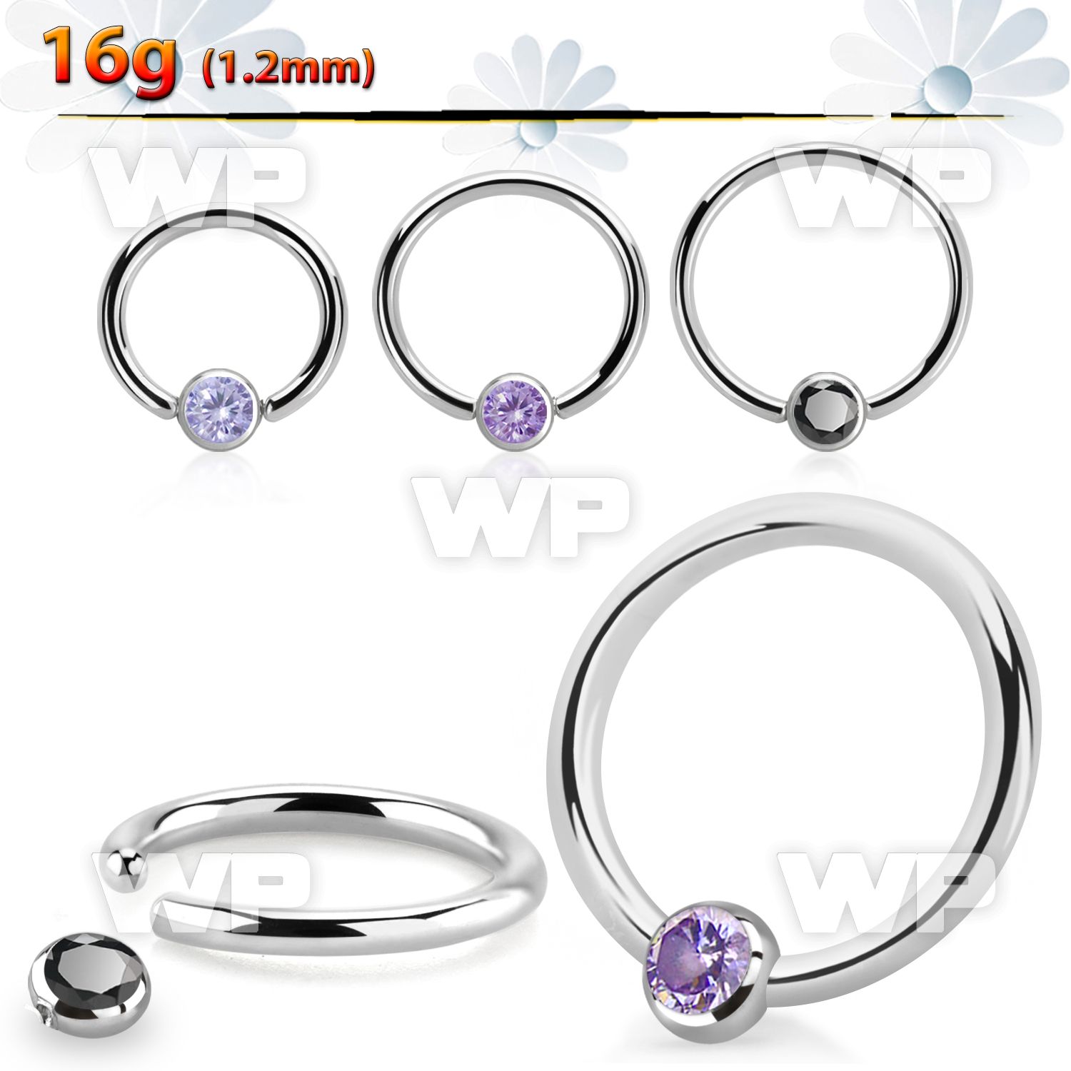 steel ball closure ring, 16g w 3mm bezel cz closure