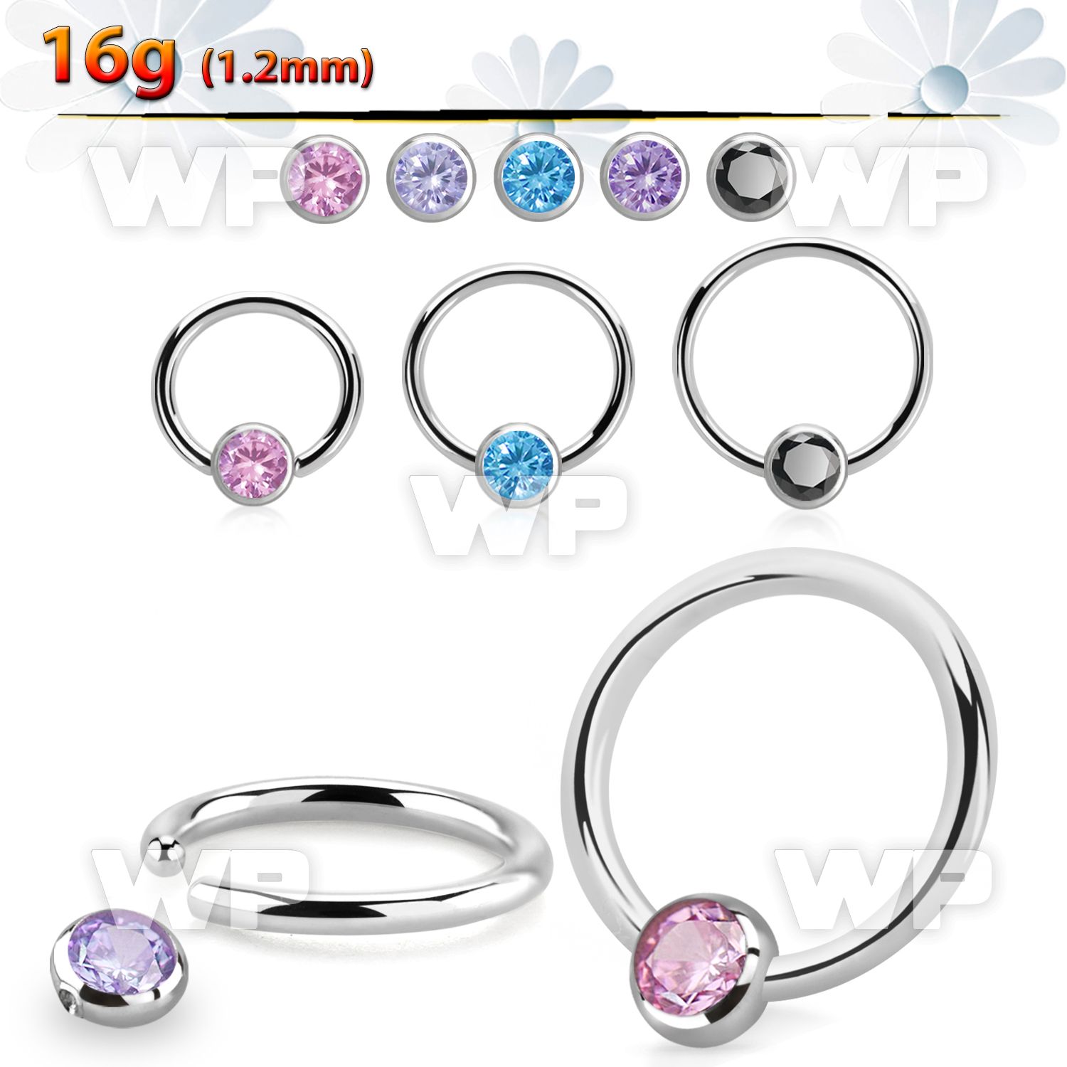 steel ball closure ring, 16g w 4mm bezel cz closure