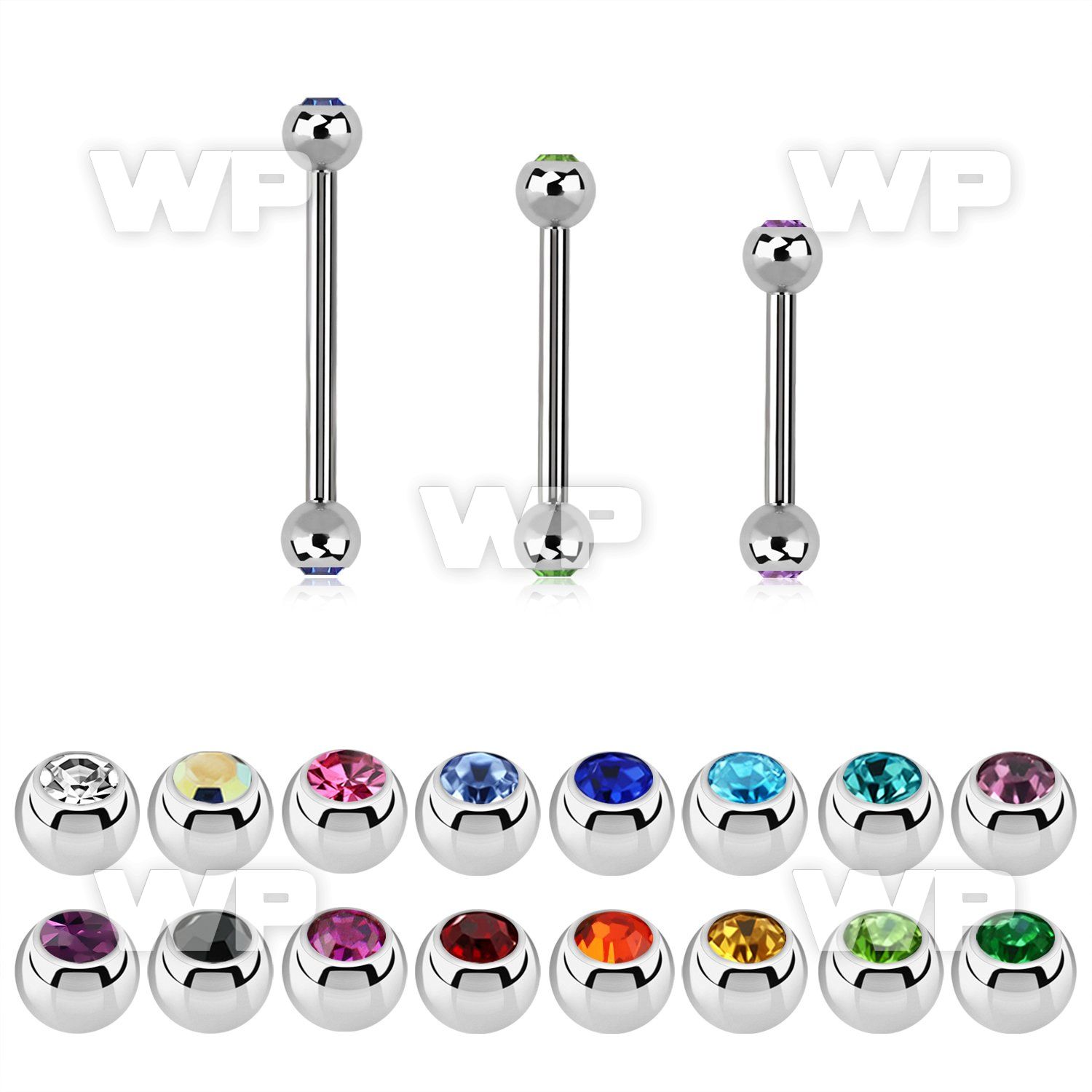 steel barbell, 20g (0.8mm) with two 2.5 bezel jewel balls