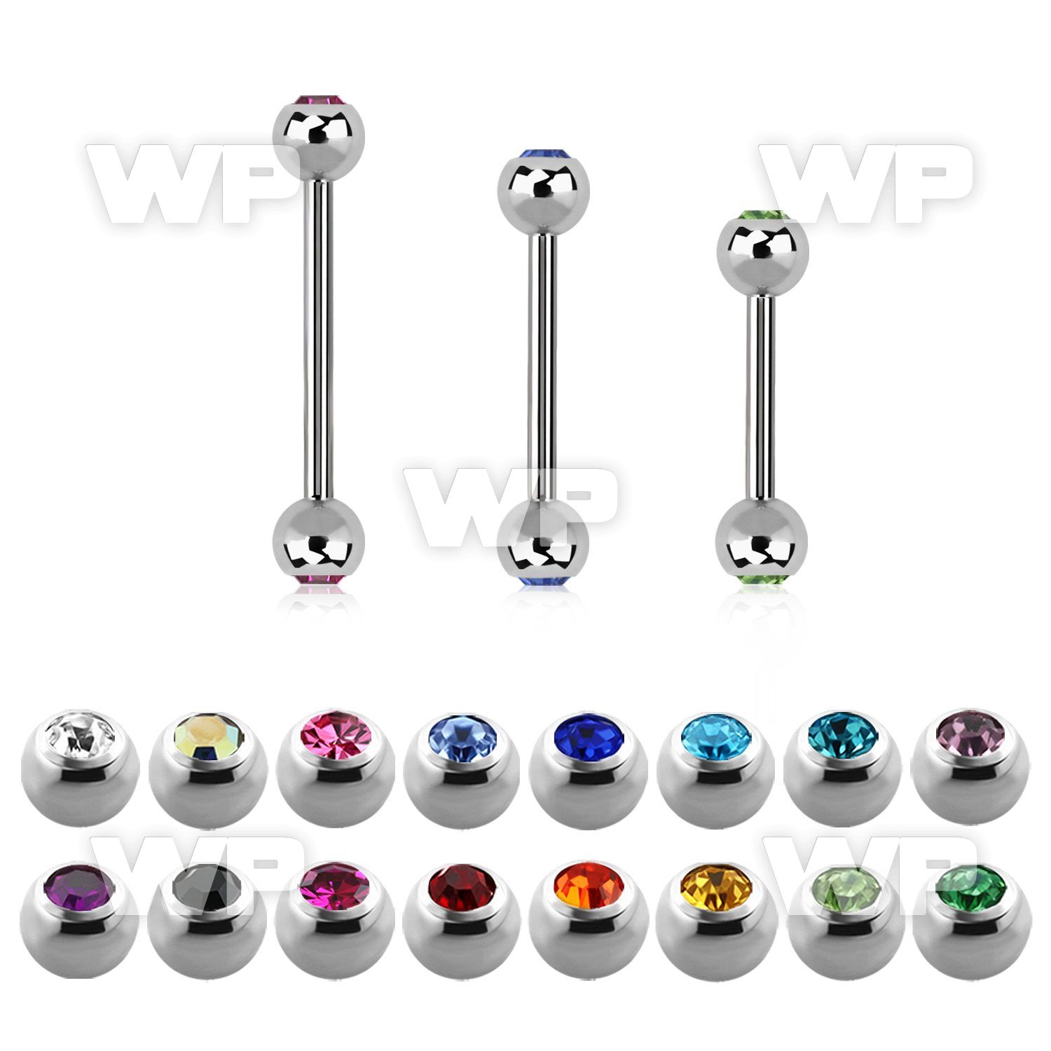 steel barbell, 20g (0.8mm) with two 3mm bezel jewel balls