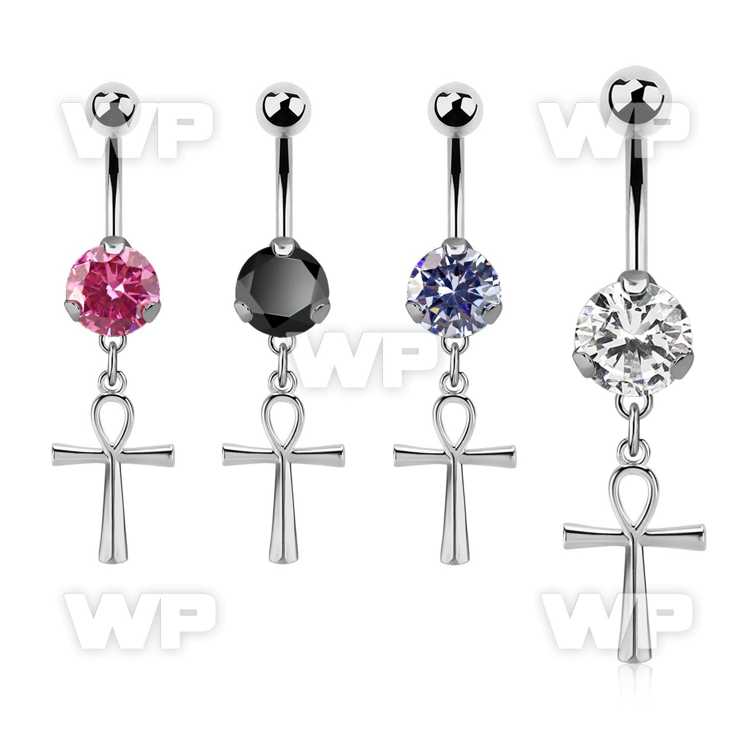 steel casting belly banana w cz & a dangling ankh cross 