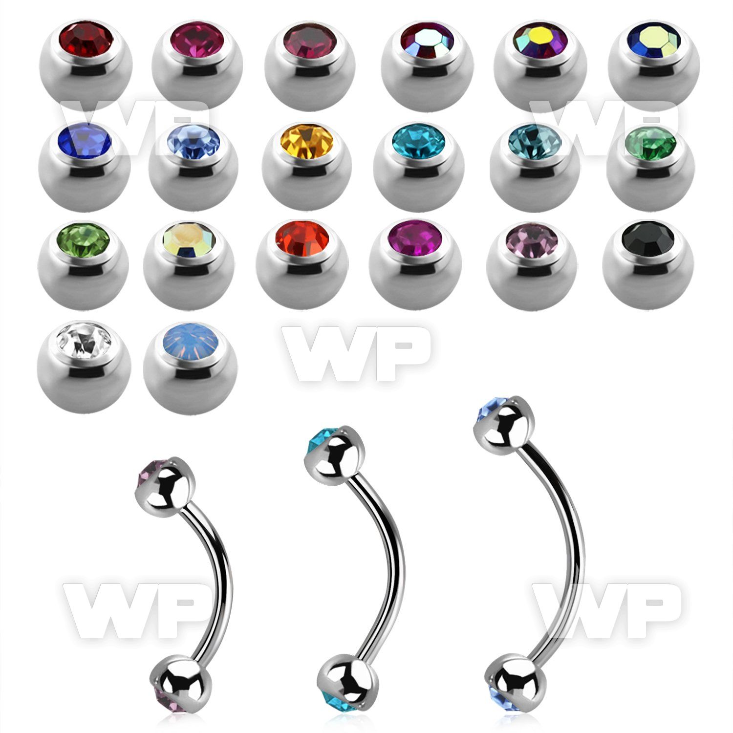 steel eyebrow banana 0.8mm w 3mm bezel set jewel balls