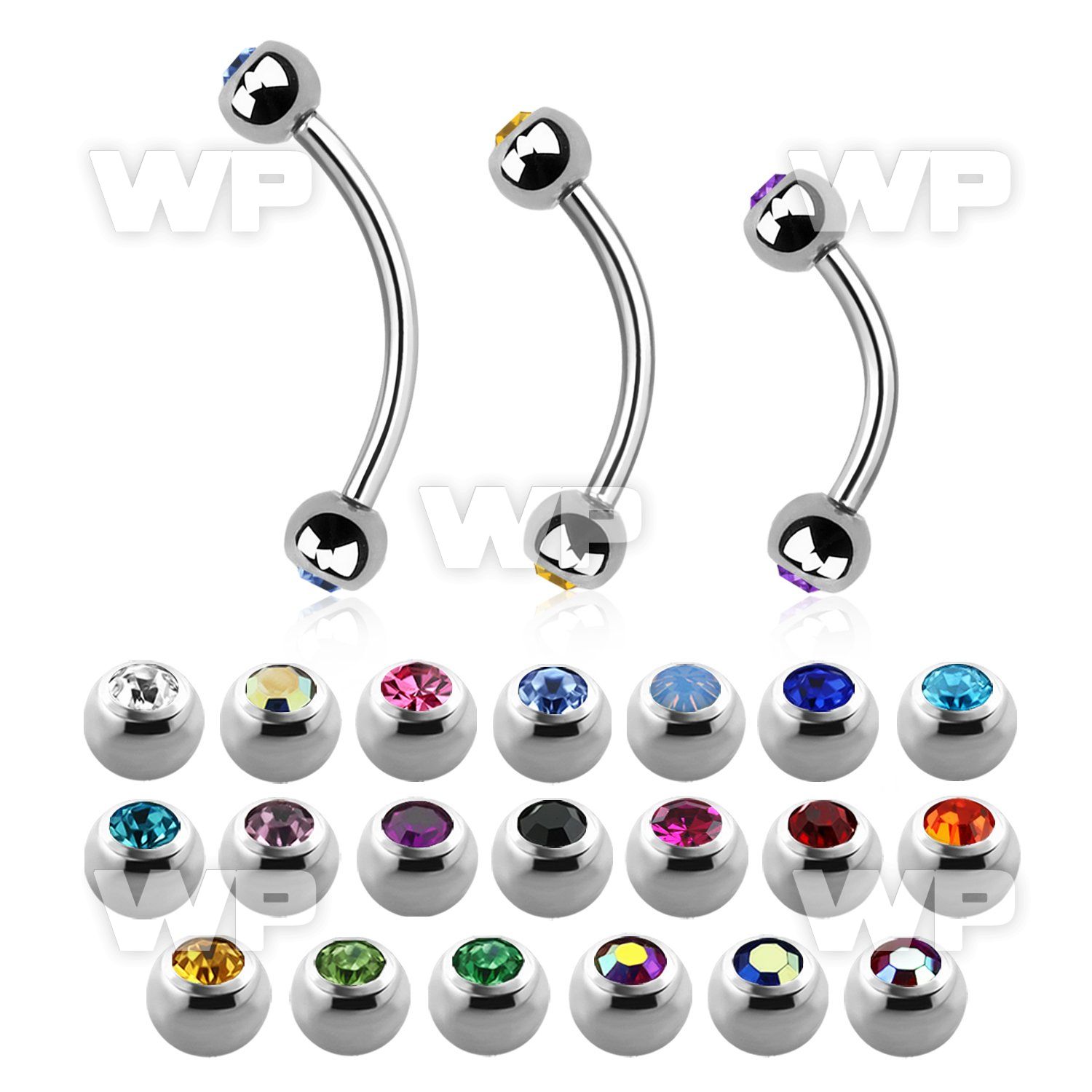 steel eyebrow banana 1mm w 3mm bezel set jewel balls
