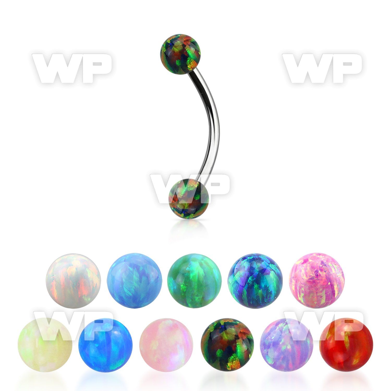 steel eyebrow banana 20g w two 3mm synthetic opal balls