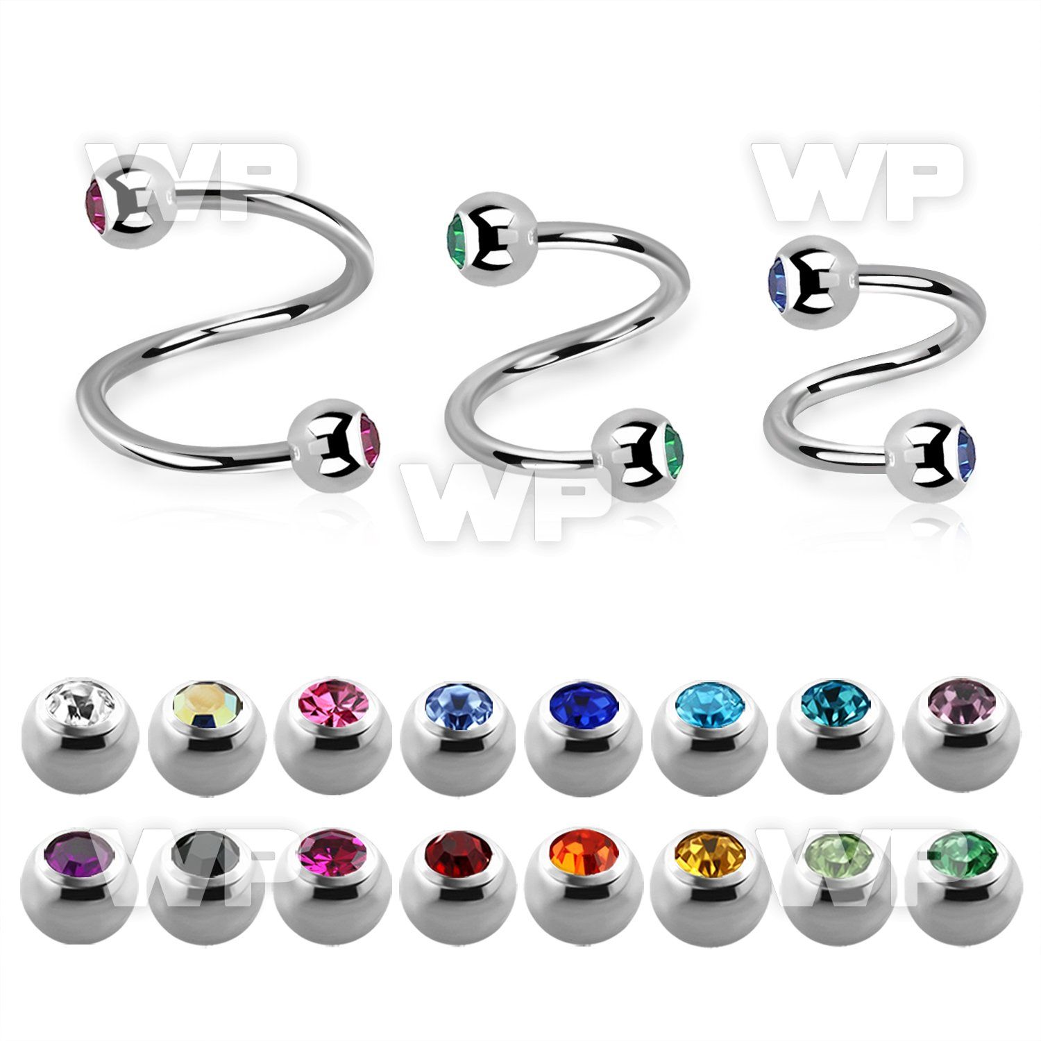 steel eyebrow spiral 0.8mm w 3mm bezel set jewel balls