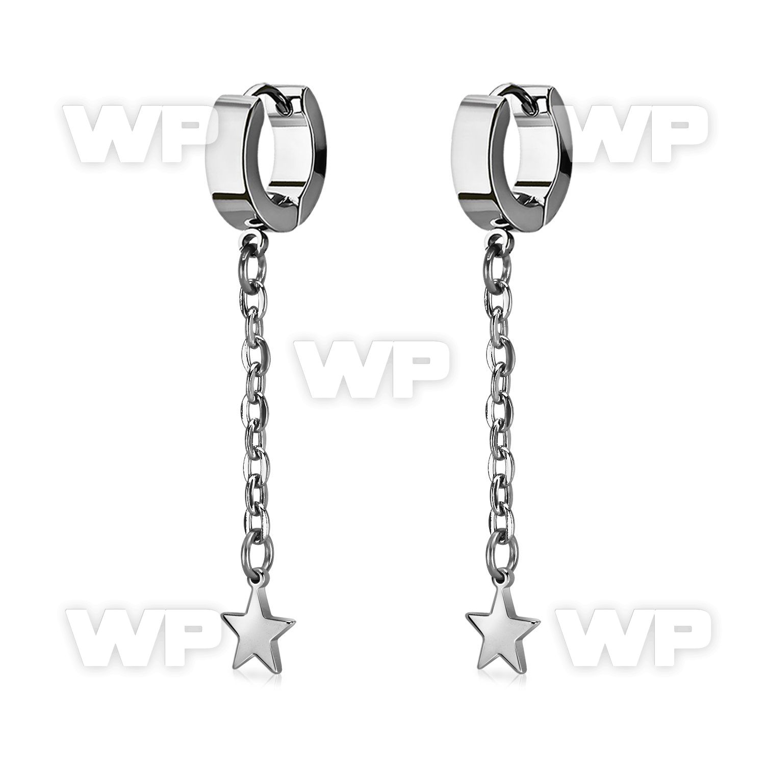 steel huggies earrings w a steel star on long chain 