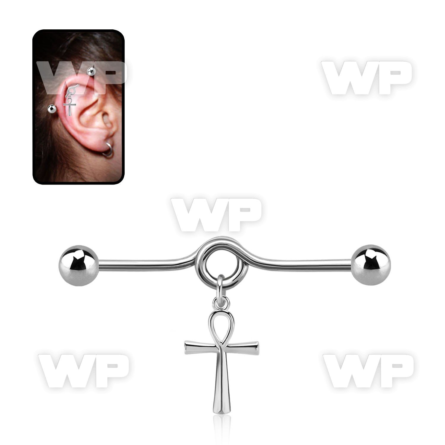 steel industrial loop barbell w dangling ankh cross 