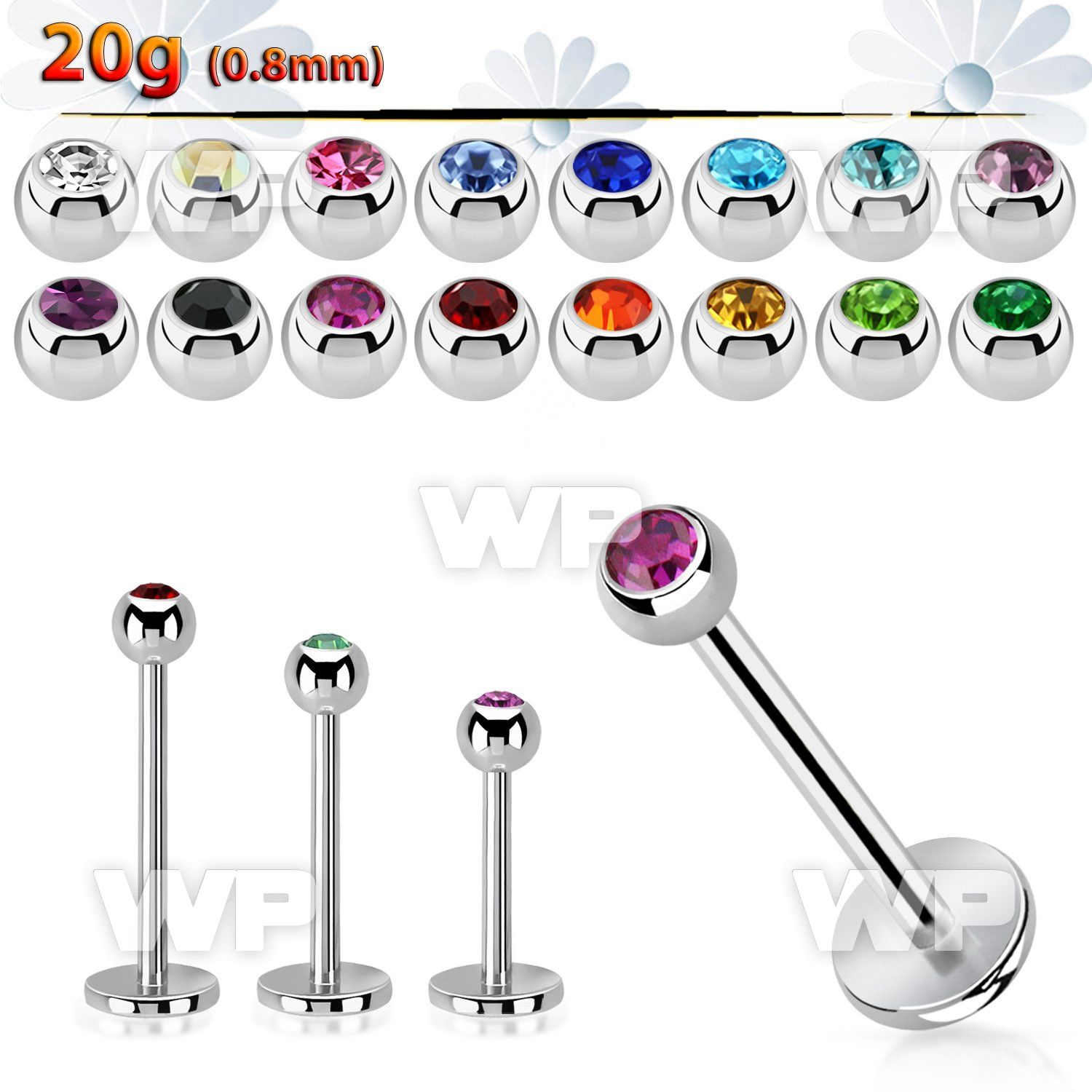 steel labret 0.8mm w tiny 2.5mm bezel set half jewel ball