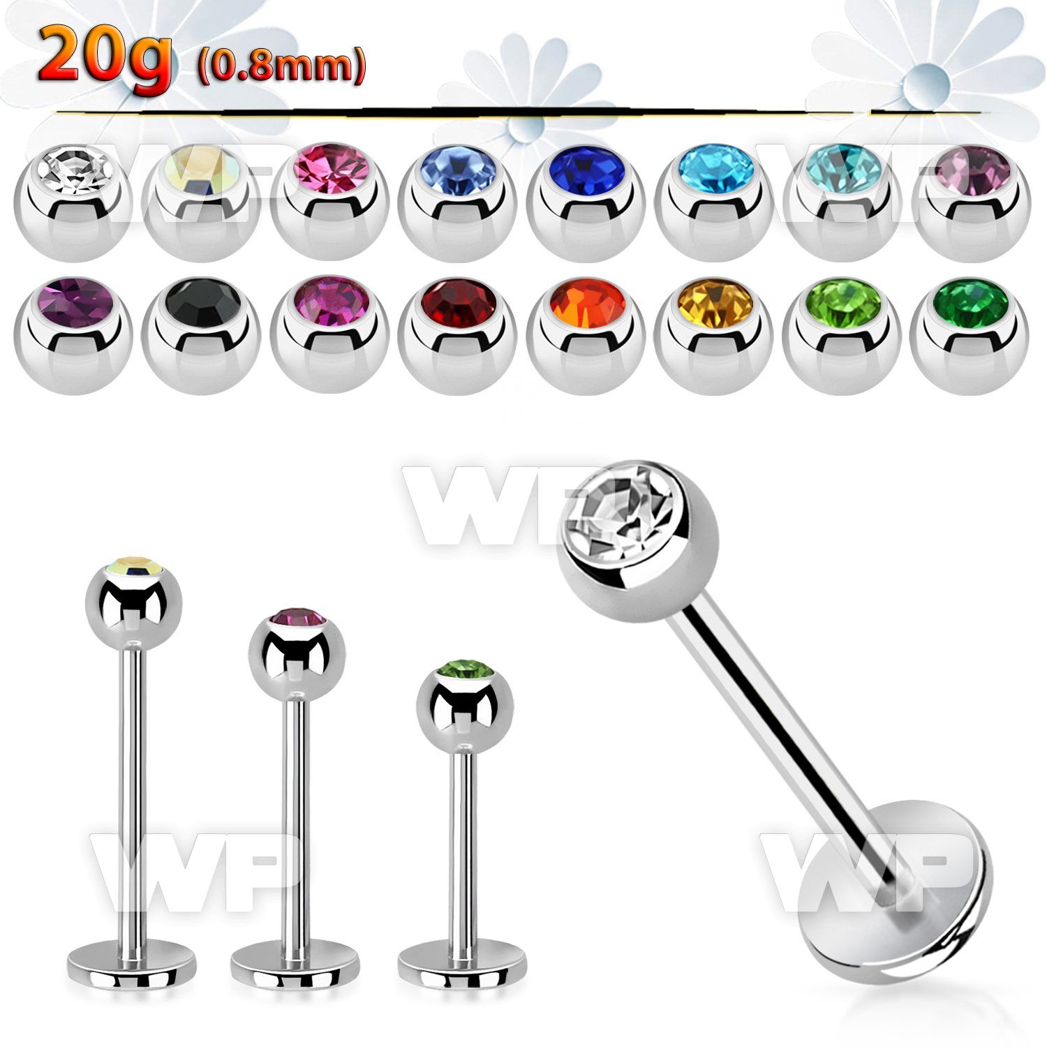 steel labret 0.8mm with 3mm bezel set jewel ball