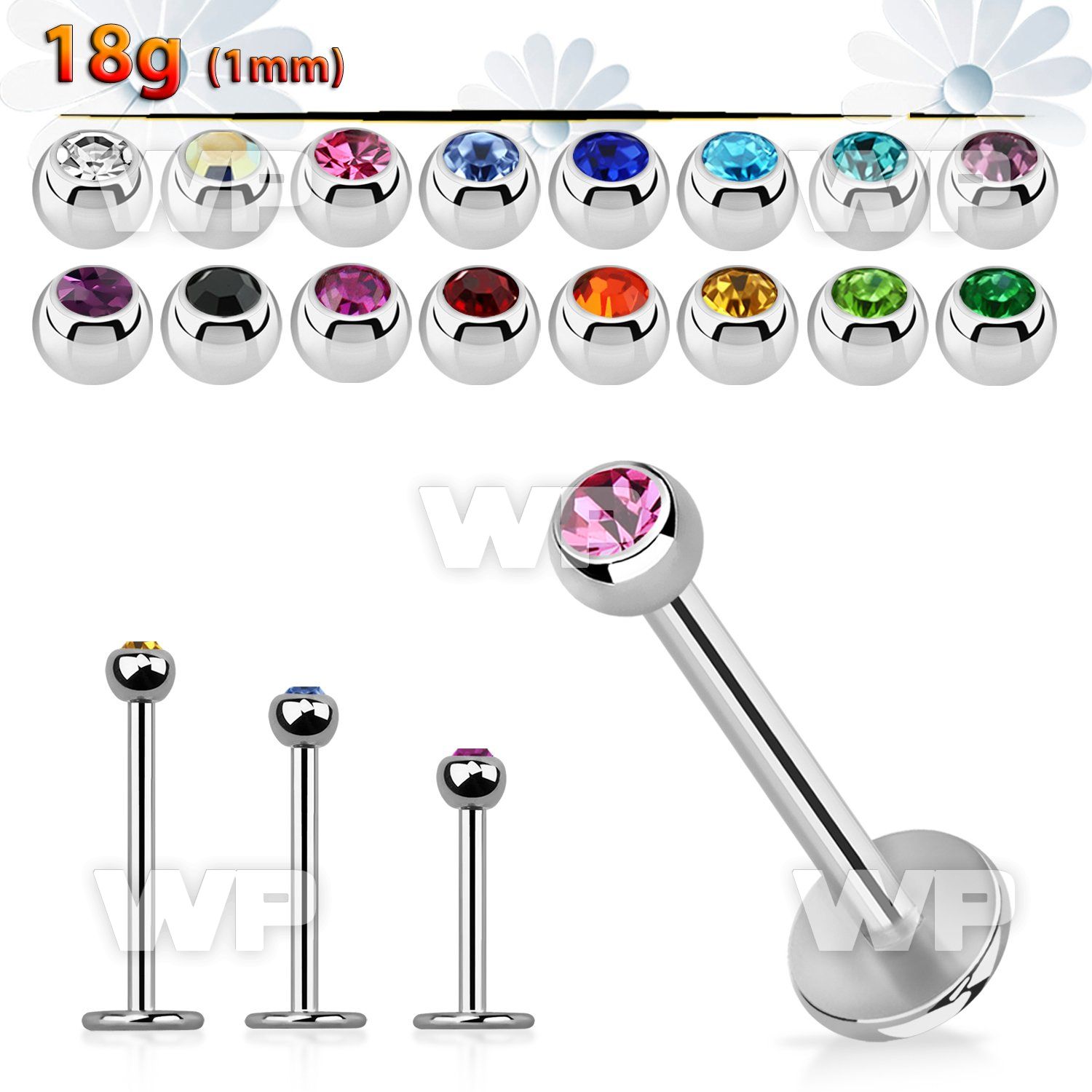 steel labret 1mm w tiny 2.5mm bezel set half jewel ball