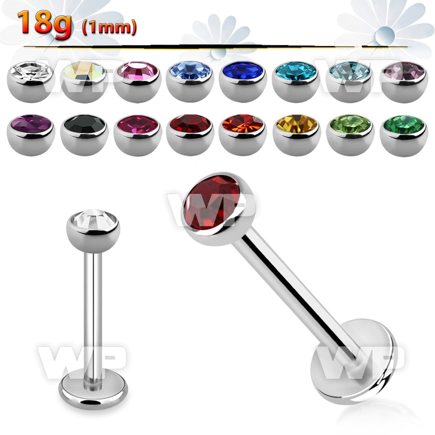 steel labret 1mm with 3mm bezel set half jewel ball
