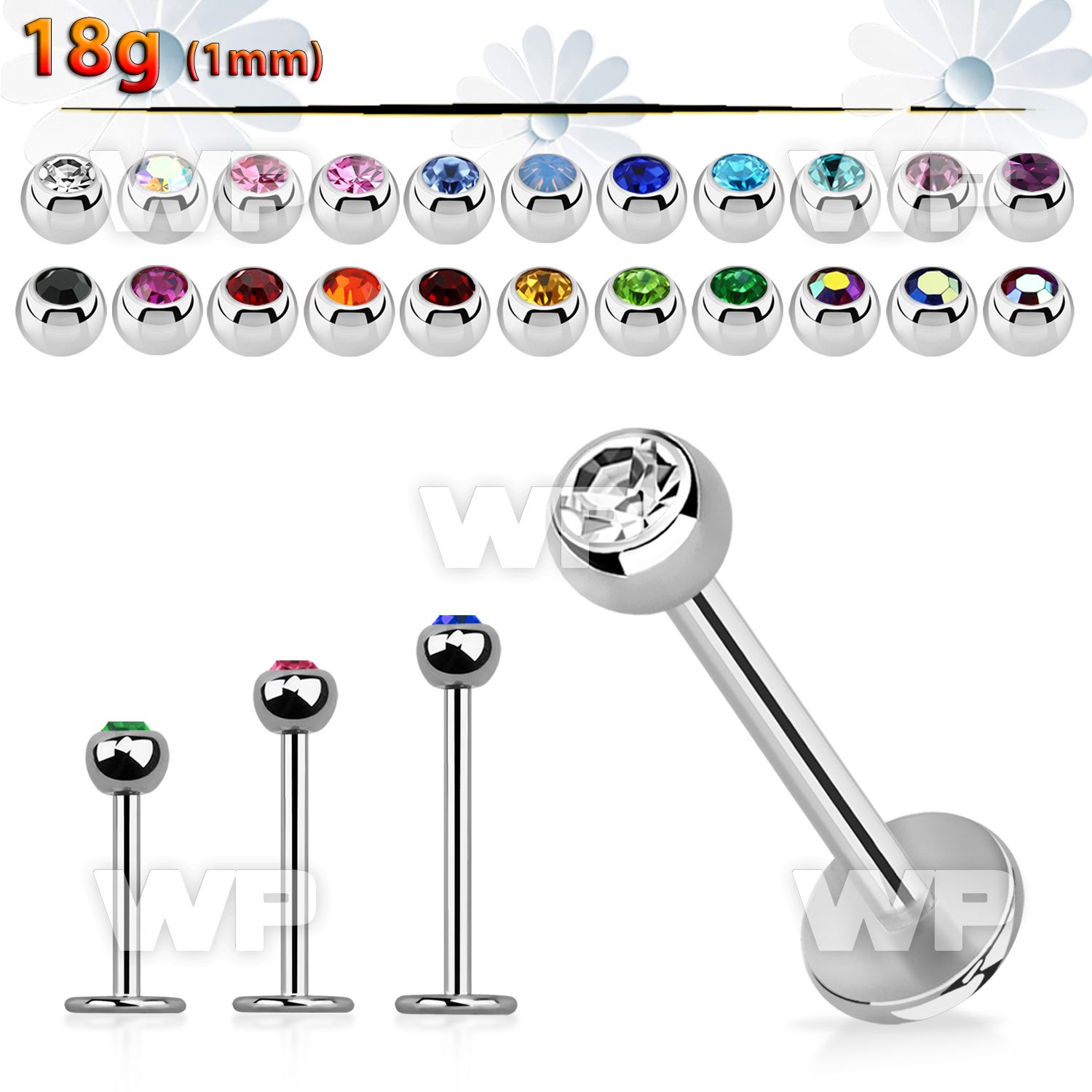 steel labret 1mm with 3mm bezel set jewel ball