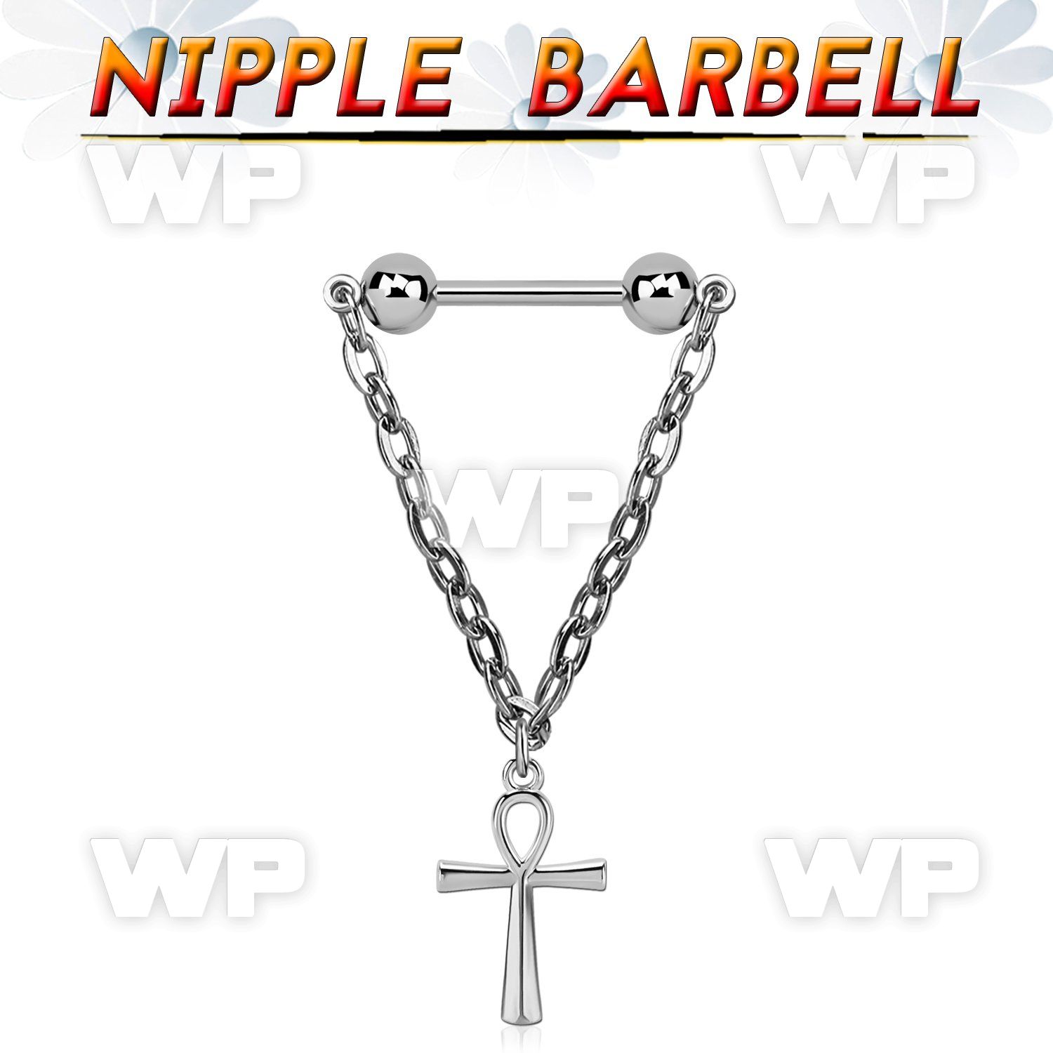 steel nipple barbell w chain & dangling ankh cross 