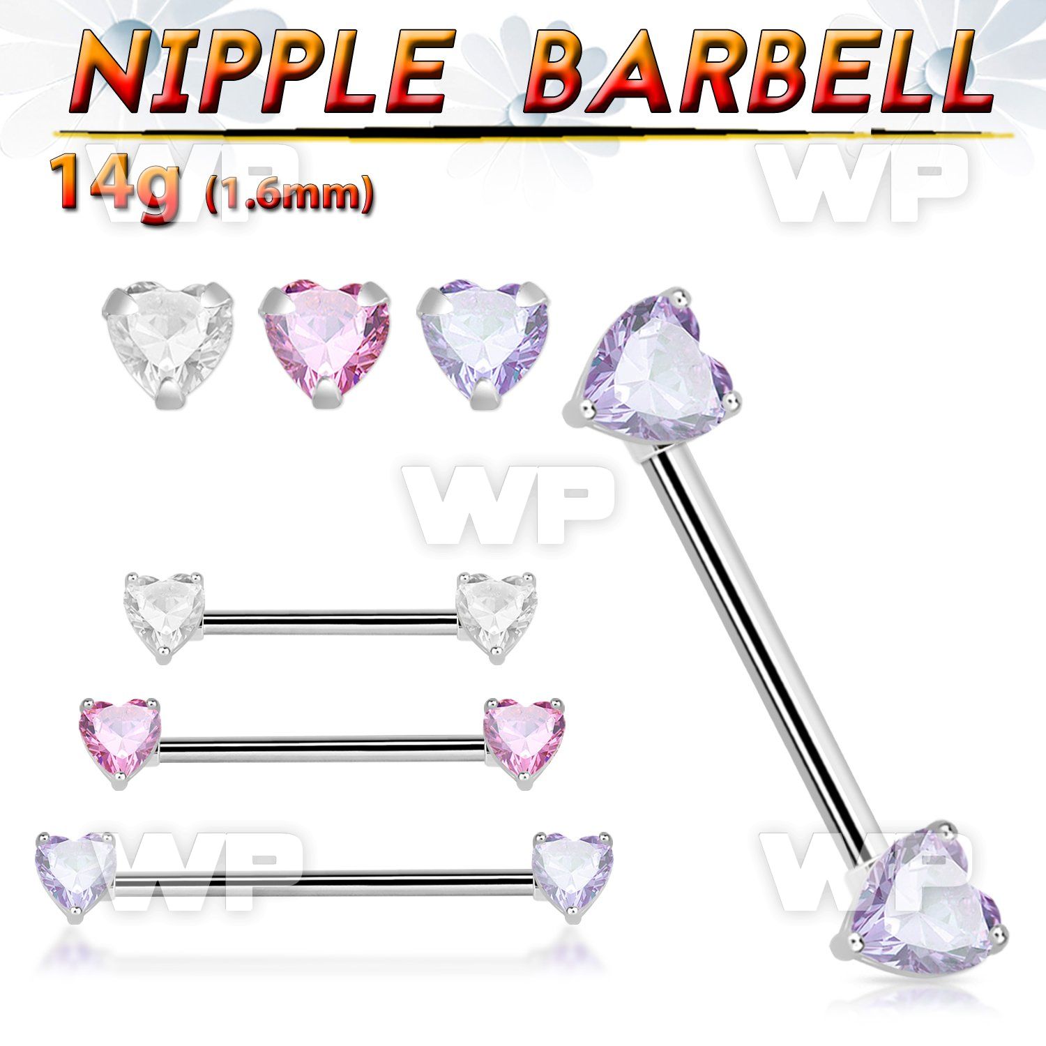 steel nipple barbell w forward facing heart shaped cz