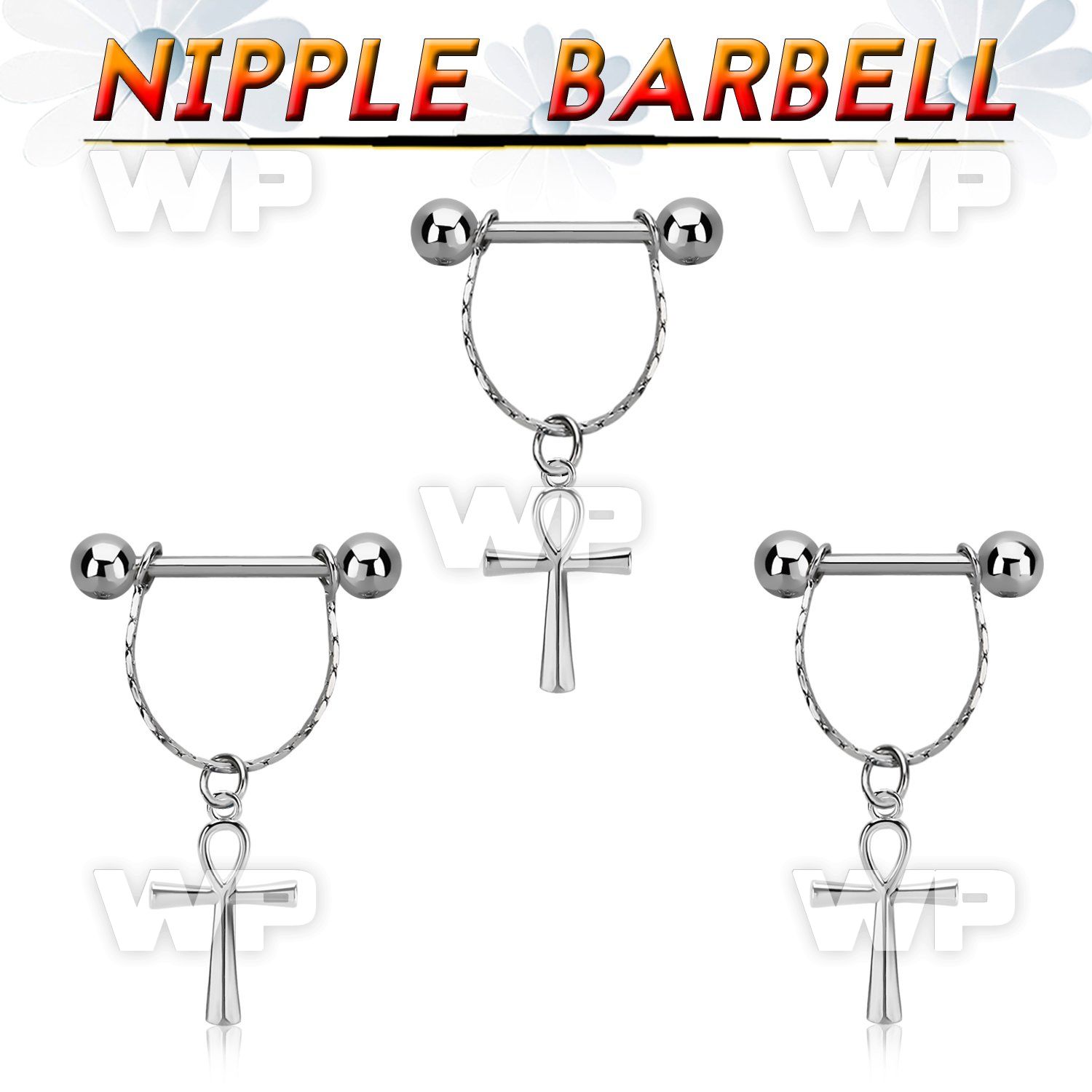 steel nipple barbell w small chain & dangling ankh cross 