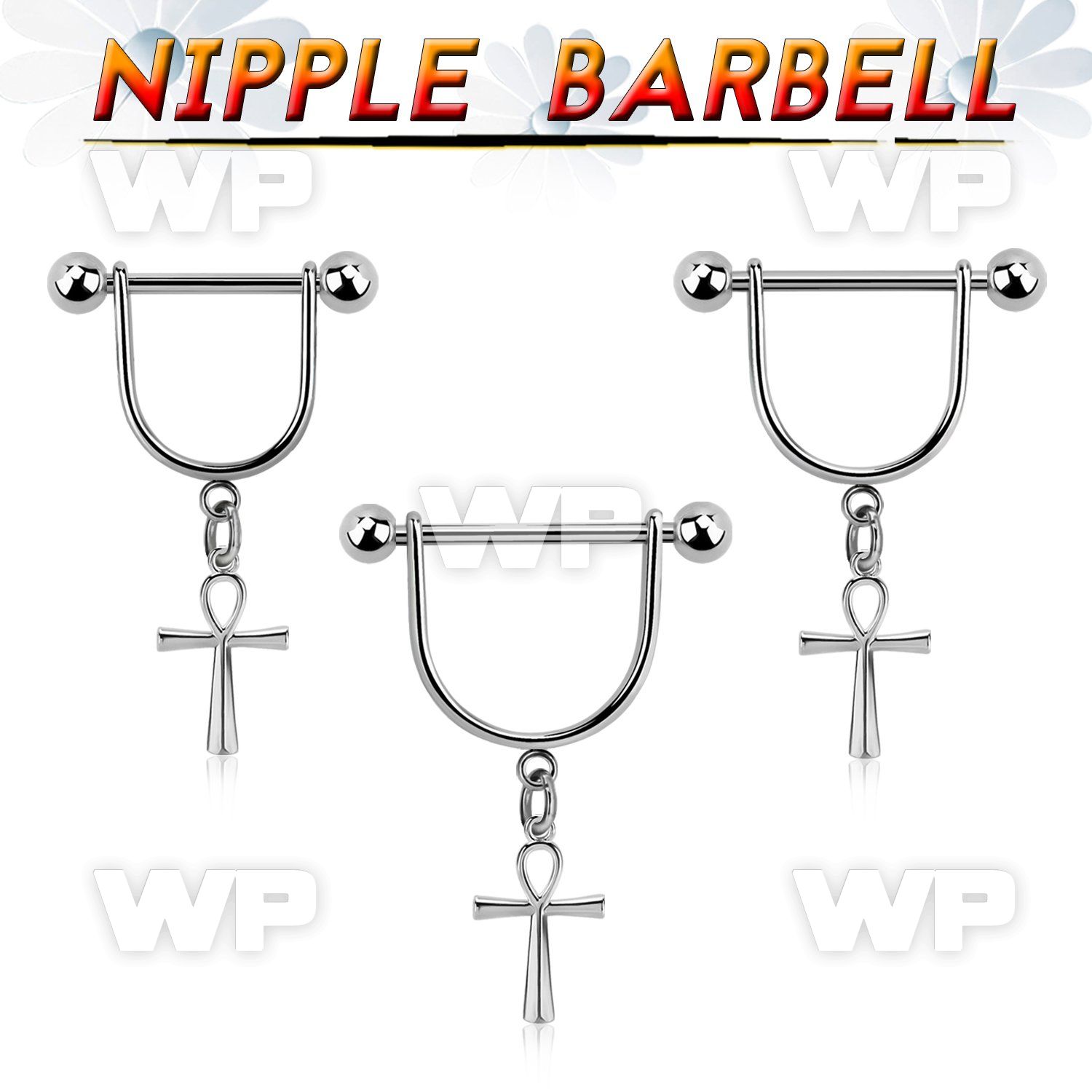steel nipple stirrup w 5mm balls & a dangling ankh cross 